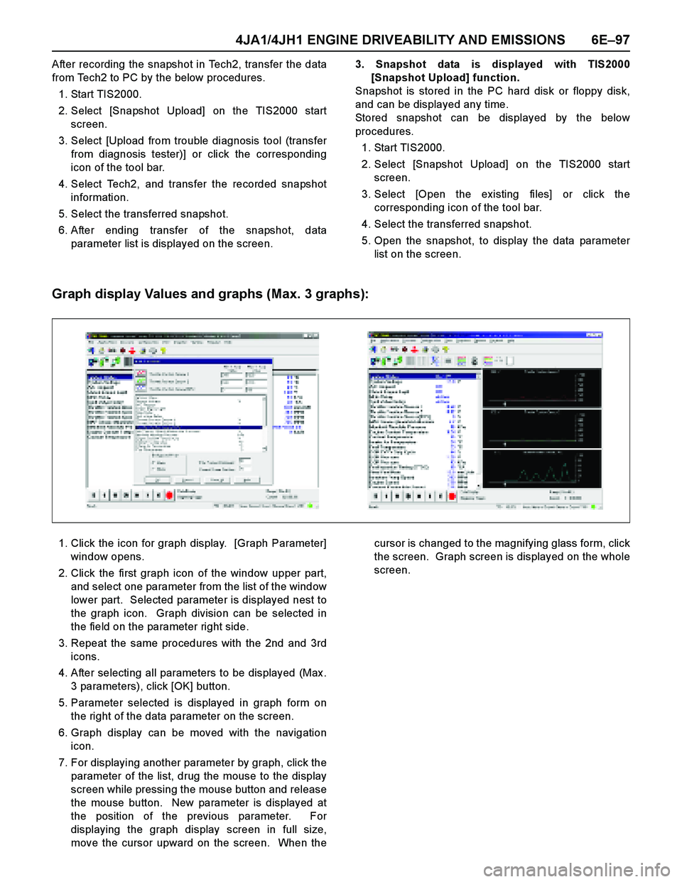 ISUZU TF SERIES 2004  Workshop Manual 4JA1/4JH1 ENGINE DRIVEABILITY AND EMISSIONS 6E–97
After recording the snapshot in Tech2, transfer the data
from Tech2 to PC by the below procedures.
1. Start TIS2000.
2. Select [Snapshot Upload] on 