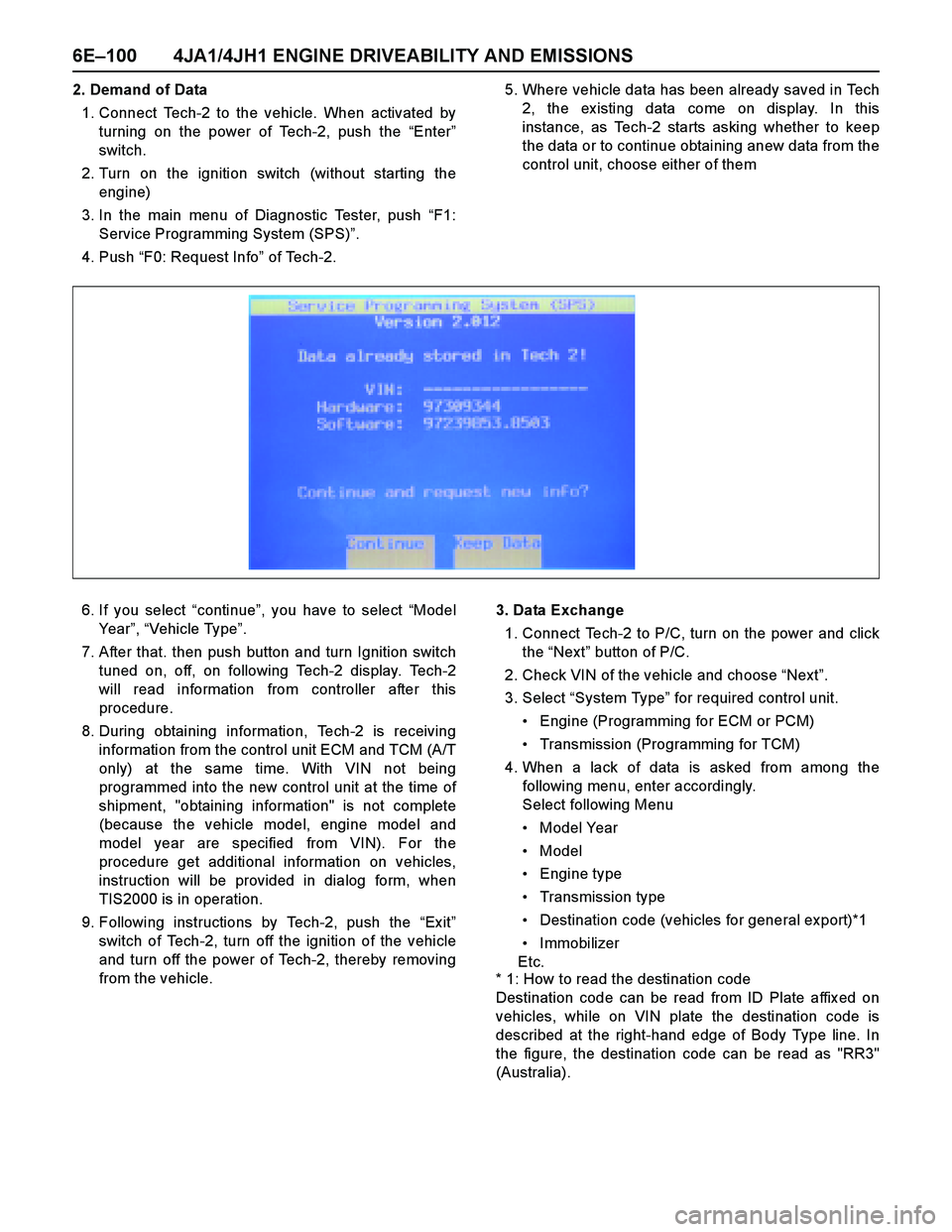 ISUZU TF SERIES 2004 Workshop Manual 6E–100 4JA1/4JH1 ENGINE DRIVEABILITY AND EMISSIONS
2. Demand of Data
1. Connect Tech-2 to the vehicle. When activated by
turning on the power of Tech-2, push the “Enter”
switch.
2. Turn on the i ISUZU TF SERIES 2004 Workshop Manual 6E–100 4JA1/4JH1 ENGINE DRIVEABILITY AND EMISSIONS
2. Demand of Data
1. Connect Tech-2 to the vehicle. When activated by
turning on the power of Tech-2, push the “Enter”
switch.
2. Turn on the i