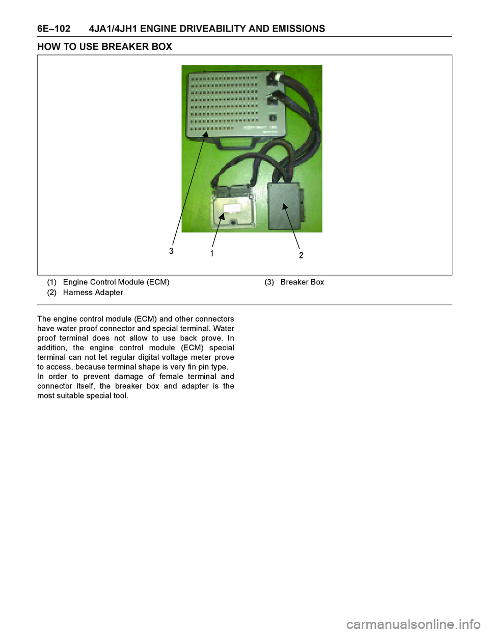 ISUZU TF SERIES 2004  Workshop Manual 6E–102 4JA1/4JH1 ENGINE DRIVEABILITY AND EMISSIONS
HOW TO USE BREAKER BOX
The engine control module (ECM) and other connectors
have water proof connector and special terminal. Water
proof terminal d