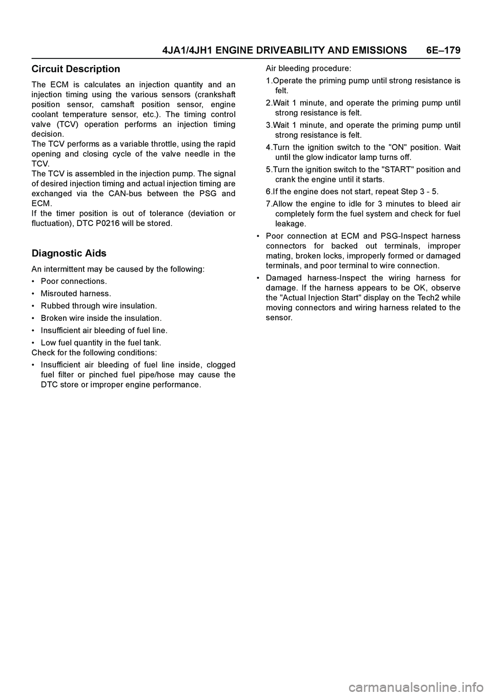 ISUZU TF SERIES 2004 Workshop Manual 4JA1/4JH1 ENGINE DRIVEABILITY AND EMISSIONS 6E–179
Circuit Description
The ECM is calculates an injection quantity and an
injection timing using the various sensors (crankshaft
position sensor, cams ISUZU TF SERIES 2004 Workshop Manual 4JA1/4JH1 ENGINE DRIVEABILITY AND EMISSIONS 6E–179
Circuit Description
The ECM is calculates an injection quantity and an
injection timing using the various sensors (crankshaft
position sensor, cams