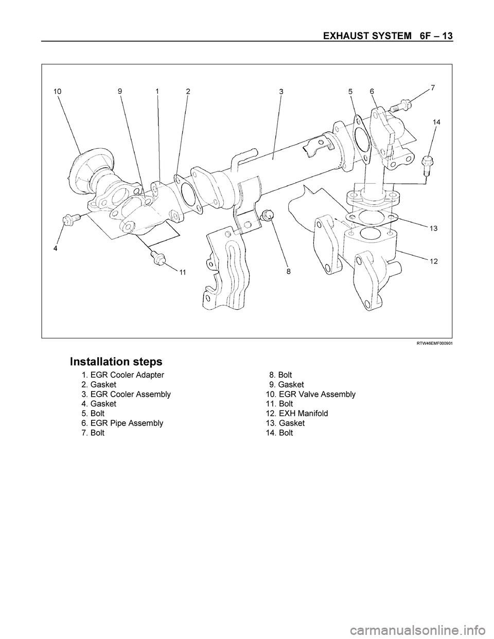 ISUZU TF SERIES 2004  Workshop Manual EXHAUST SYSTEM   6F – 13 
 
  
 
 
 
RTW46EMF000901 
 
Installation steps 
 1. EGR Cooler Adapter 
 2. Gasket 
 3. EGR Cooler Assembly 
 4. Gasket 
 5. Bolt 
  6. EGR Pipe Assembly 
 7. Bolt 
  
 
 