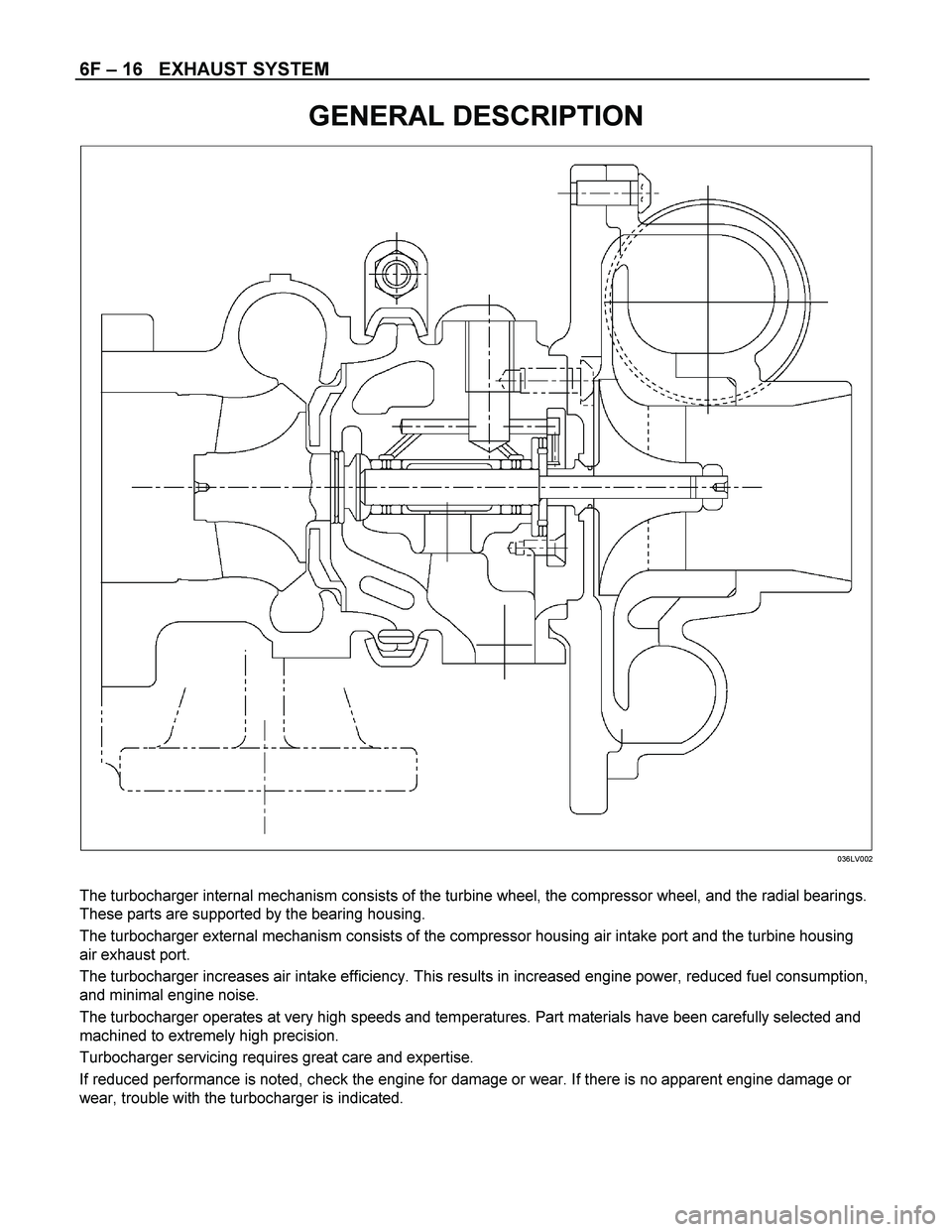 ISUZU TF SERIES 2004  Workshop Manual 6F – 16   EXHAUST SYSTEM 
GENERAL DESCRIPTION 
  
 
 
036LV002 
 
The turbocharger internal mechanism consists of the turbine wheel, the compressor wheel, and the radial bearings. 
These parts are s