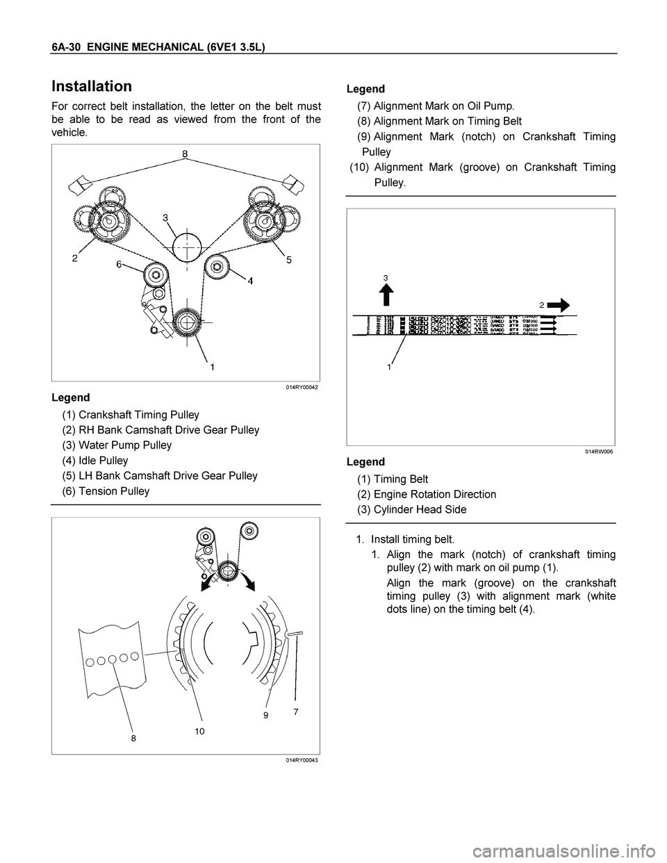 ISUZU TF SERIES 2004  Workshop Manual 6A-30  ENGINE MECHANICAL (6VE1 3.5L) 
Installation 
For correct belt installation, the letter on the belt must
be able to be read as viewed from the front of the
vehicle. 
 
 
014RY00042
Legend 
 (1) 