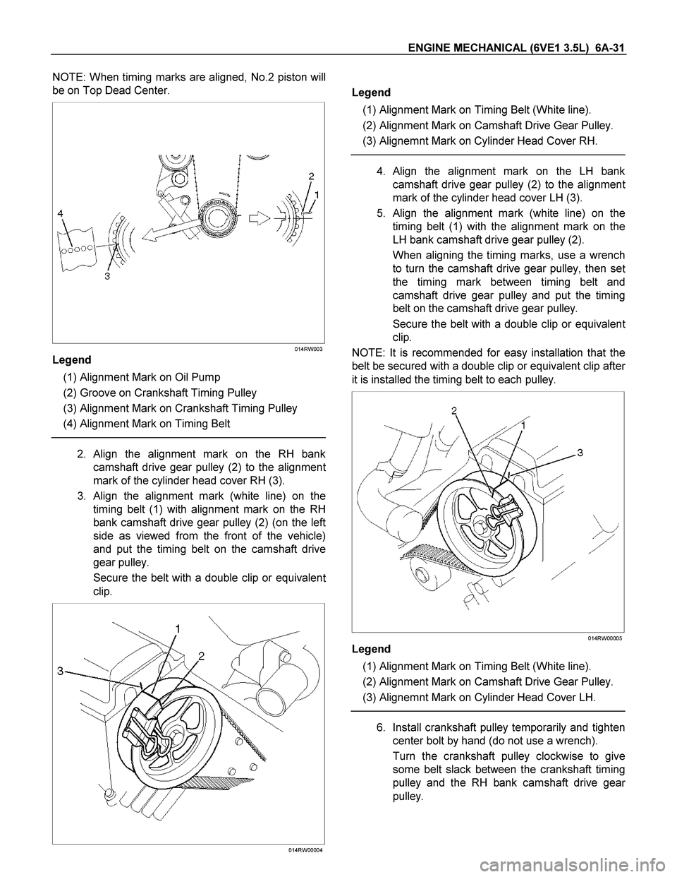 ISUZU TF SERIES 2004 Workshop Manual ENGINE MECHANICAL (6VE1 3.5L) 6A-31
NOTE: When timing marks are aligned, No.2 piston will
be on Top Dead Center.
014RW003
Legend
(1) Alignment Mark on Oil Pump
(2) Groove on Crankshaft ISUZU TF SERIES 2004 Workshop Manual ENGINE MECHANICAL (6VE1 3.5L) 6A-31
NOTE: When timing marks are aligned, No.2 piston will
be on Top Dead Center.
014RW003
Legend
(1) Alignment Mark on Oil Pump
(2) Groove on Crankshaft