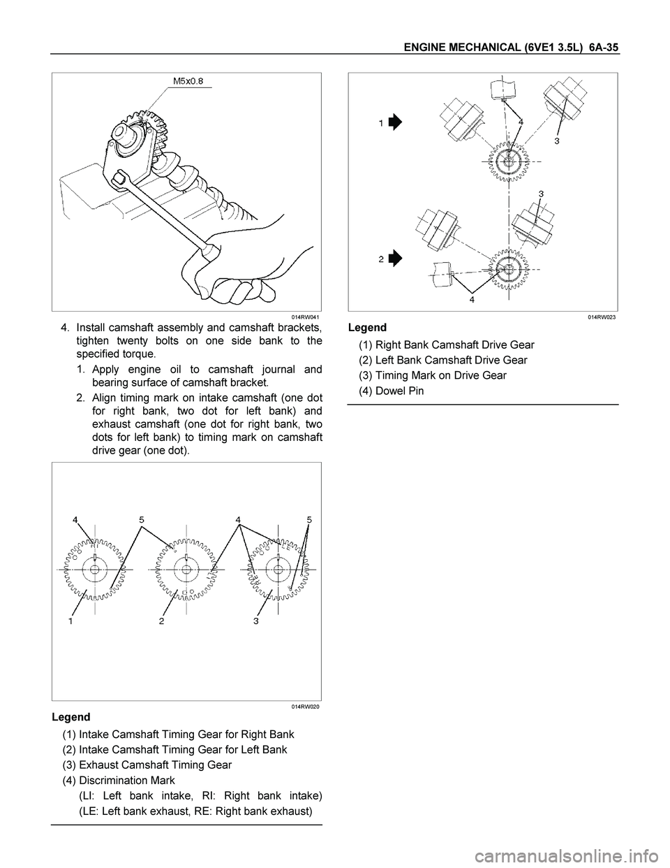 ISUZU TF SERIES 2004  Workshop Manual ENGINE MECHANICAL (6VE1 3.5L)  6A-35 
 
014RW041
4. Install camshaft assembly and camshaft brackets,
tighten twenty bolts on one side bank to the
specified torque. 
1. 
Apply engine oil to camshaft jo