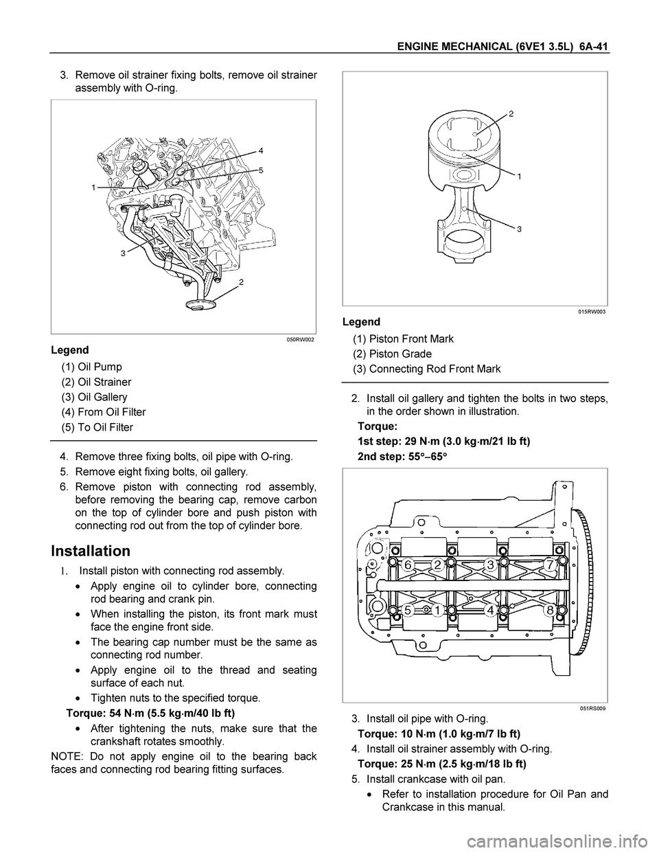 ISUZU TF SERIES 2004 Workshop Manual ENGINE MECHANICAL (6VE1 3.5L) 6A-41
3. Remove oil strainer fixing bolts, remove oil strainer
assembly with O-ring.
050RW002
Legend
(1) Oil Pump
(2) Oil Strainer
(3) Oil Gallery
(4 ISUZU TF SERIES 2004 Workshop Manual ENGINE MECHANICAL (6VE1 3.5L) 6A-41
3. Remove oil strainer fixing bolts, remove oil strainer
assembly with O-ring.
050RW002
Legend
(1) Oil Pump
(2) Oil Strainer
(3) Oil Gallery
(4