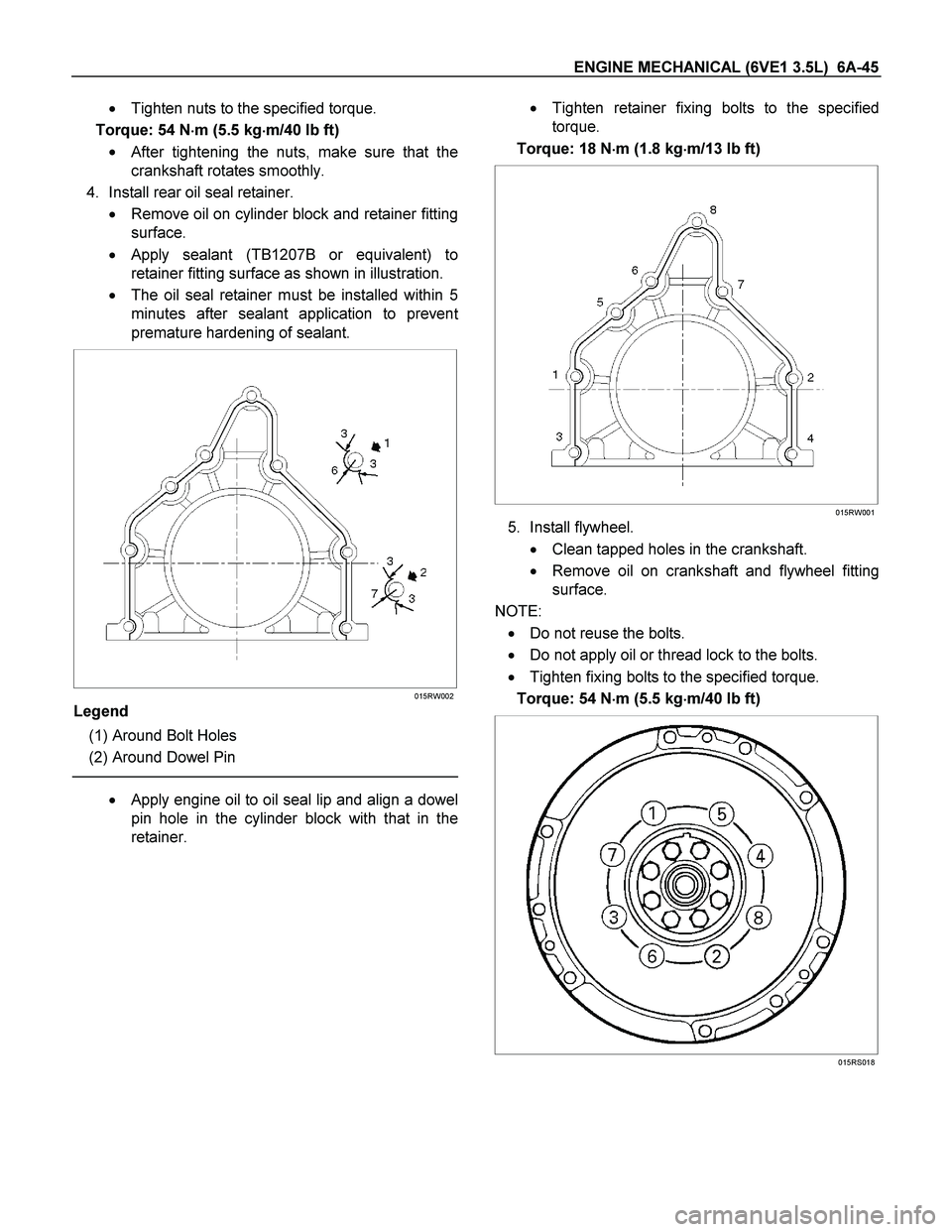 ISUZU TF SERIES 2004 Workshop Manual ENGINE MECHANICAL (6VE1 3.5L) 6A-45
Tighten nuts to the specified torque.
Torque: 54 N
m (5.5 kg
m/40 lb ft)
After tightening the nuts, make sure that the
crankshaft rotates smoothl ISUZU TF SERIES 2004 Workshop Manual ENGINE MECHANICAL (6VE1 3.5L) 6A-45
Tighten nuts to the specified torque.
Torque: 54 N
m (5.5 kg
m/40 lb ft)
After tightening the nuts, make sure that the
crankshaft rotates smoothl