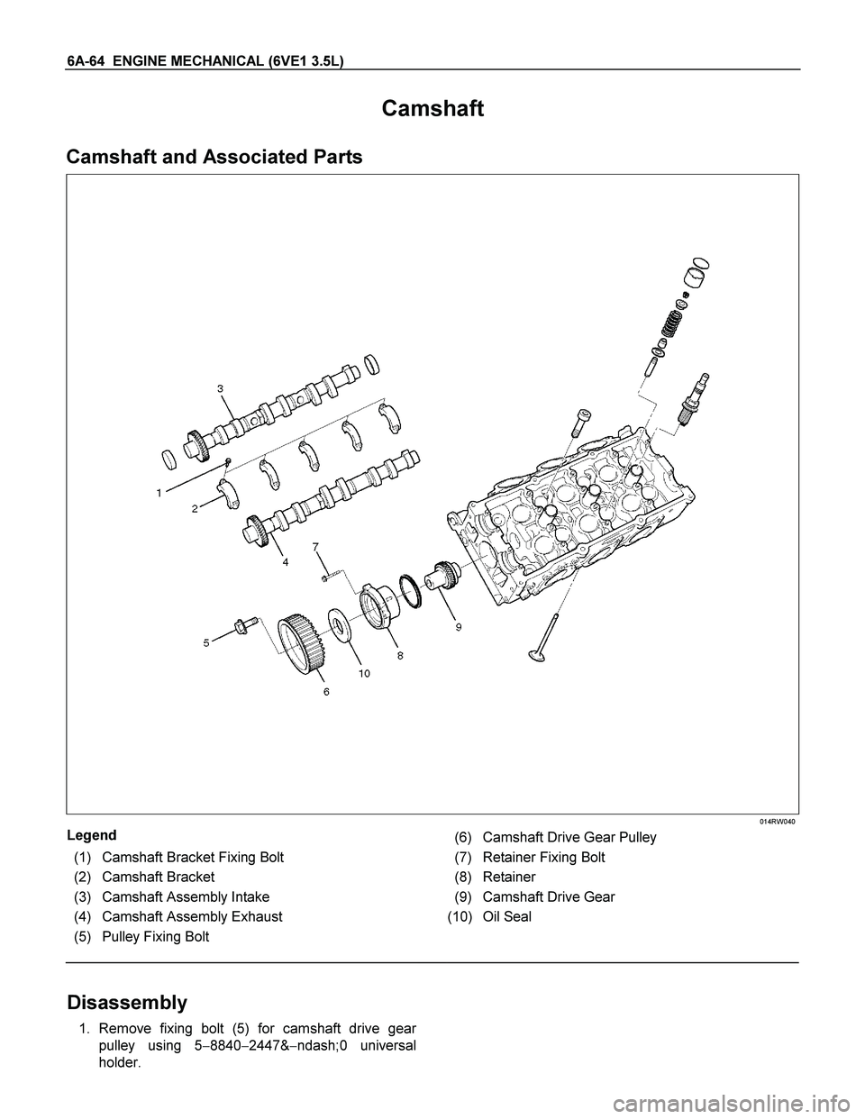 ISUZU TF SERIES 2004  Workshop Manual 6A-64  ENGINE MECHANICAL (6VE1 3.5L) 
Camshaft 
Camshaft and Associated Parts 
  
 
 
 
 
 
 
014RW040 
Legend 
 (1) Camshaft Bracket Fixing Bolt 
 (2) Camshaft Bracket 
 (3) Camshaft Assembly Intake 