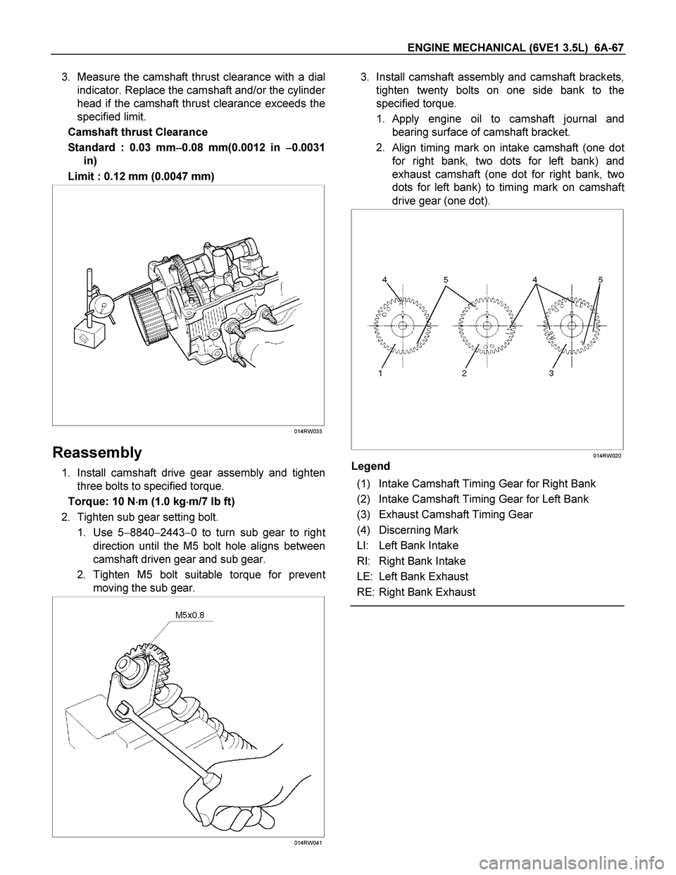 ISUZU TF SERIES 2004 Workshop Manual ENGINE MECHANICAL (6VE1 3.5L) 6A-67
3. Measure the camshaft thrust clearance with a dial
indicator. Replace the camshaft and/or the cylinde
r
head if the camshaft thrust clearance exceeds the
specif ISUZU TF SERIES 2004 Workshop Manual ENGINE MECHANICAL (6VE1 3.5L) 6A-67
3. Measure the camshaft thrust clearance with a dial
indicator. Replace the camshaft and/or the cylinde
r
head if the camshaft thrust clearance exceeds the
specif