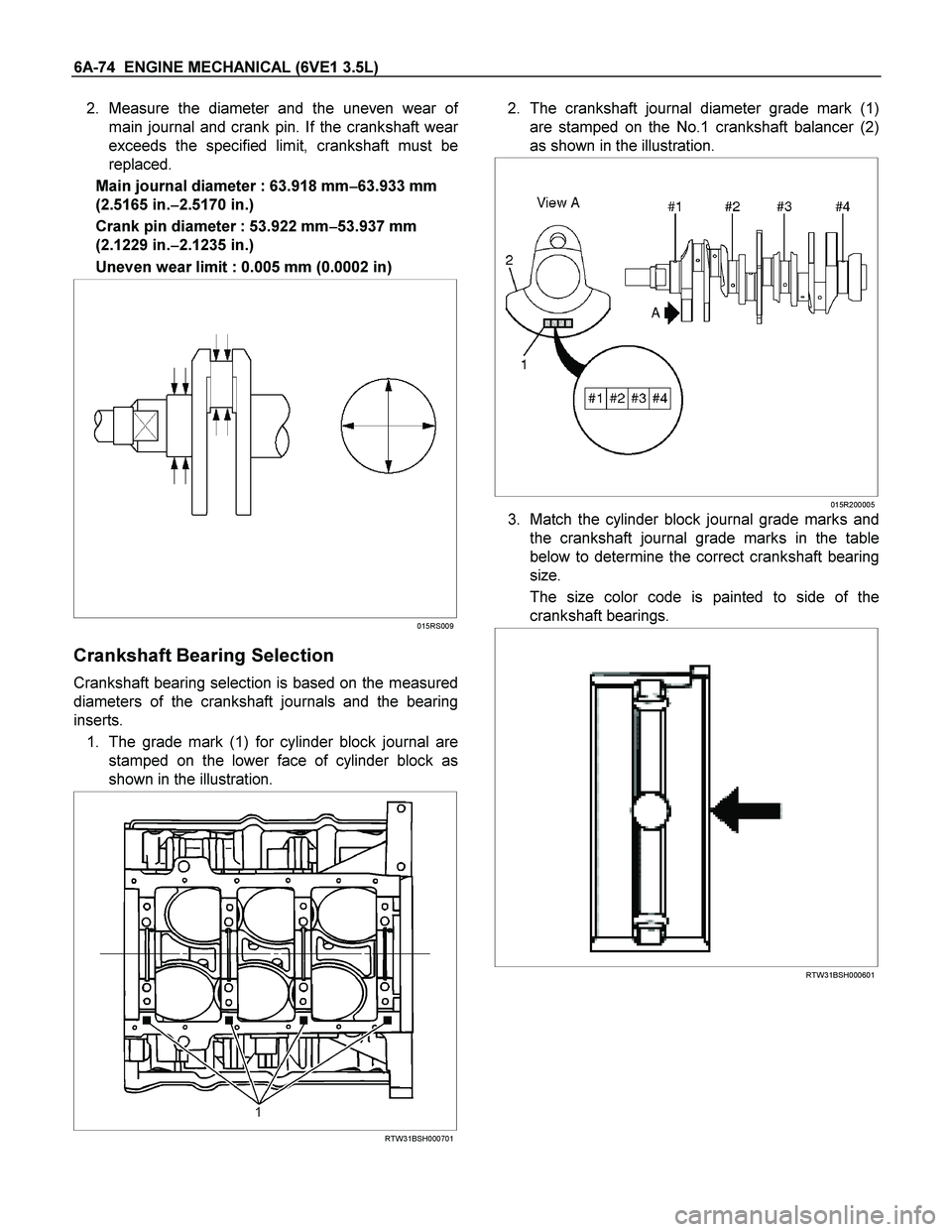 ISUZU TF SERIES 2004 Workshop Manual 6A-74 ENGINE MECHANICAL (6VE1 3.5L)
2. Measure the diameter and the uneven wear of
main journal and crank pin. If the crankshaft wear
exceeds the specified limit, crankshaft must be
replaced.
Main ISUZU TF SERIES 2004 Workshop Manual 6A-74 ENGINE MECHANICAL (6VE1 3.5L)
2. Measure the diameter and the uneven wear of
main journal and crank pin. If the crankshaft wear
exceeds the specified limit, crankshaft must be
replaced.
Main