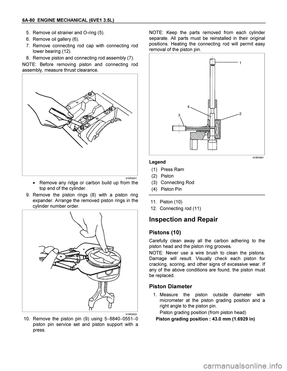 ISUZU TF SERIES 2004  Workshop Manual 6A-80  ENGINE MECHANICAL (6VE1 3.5L) 
5. Remove oil strainer and O-ring (5). 
6. Remove oil gallery (6). 
7. Remove connecting rod cap with connecting rod
lower bearing (12). 
8. Remove piston and con