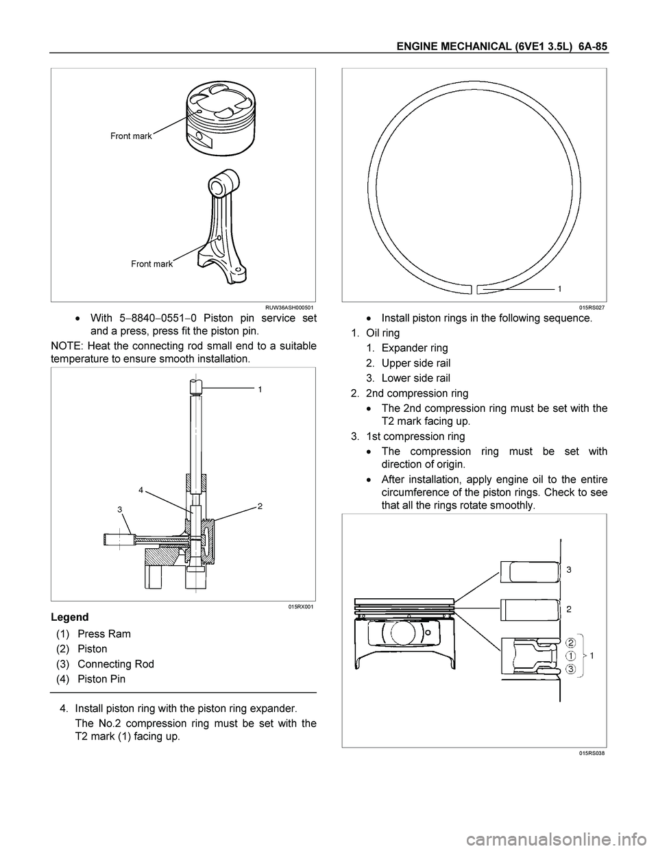 ISUZU TF SERIES 2004  Workshop Manual ENGINE MECHANICAL (6VE1 3.5L)  6A-85 
  
 
 
RUW36ASH000501
 With 5884005510 Piston pin service set
and a press, press fit the piston pin. 
NOTE: Heat the connecting rod small end to a suitable
te