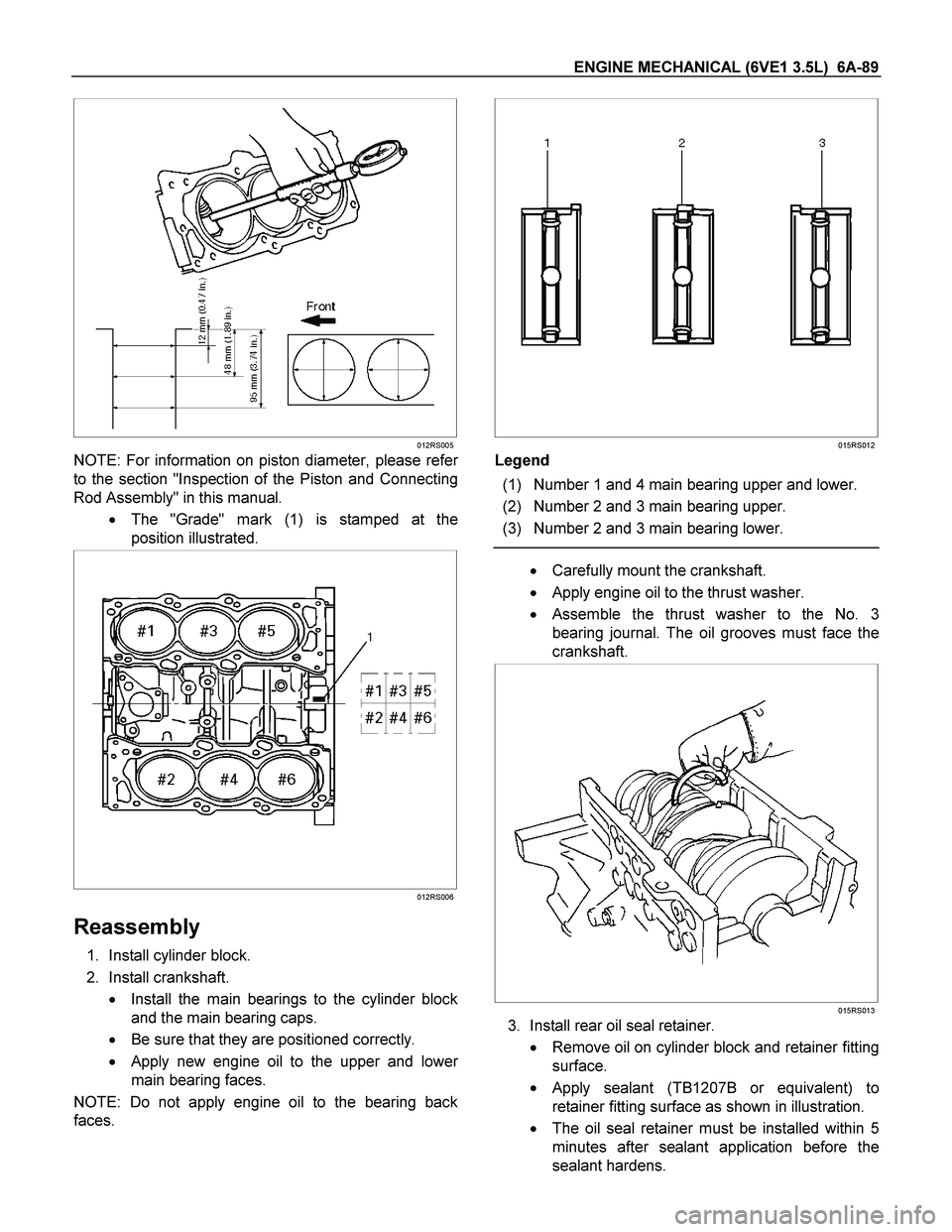 ISUZU TF SERIES 2004 Workshop Manual ENGINE MECHANICAL (6VE1 3.5L) 6A-89
012RS005
NOTE: For information on piston diameter, please refer
to the section "Inspection of the Piston and Connecting
Rod Assembly" in this manual.
The ISUZU TF SERIES 2004 Workshop Manual ENGINE MECHANICAL (6VE1 3.5L) 6A-89
012RS005
NOTE: For information on piston diameter, please refer
to the section "Inspection of the Piston and Connecting
Rod Assembly" in this manual.
The