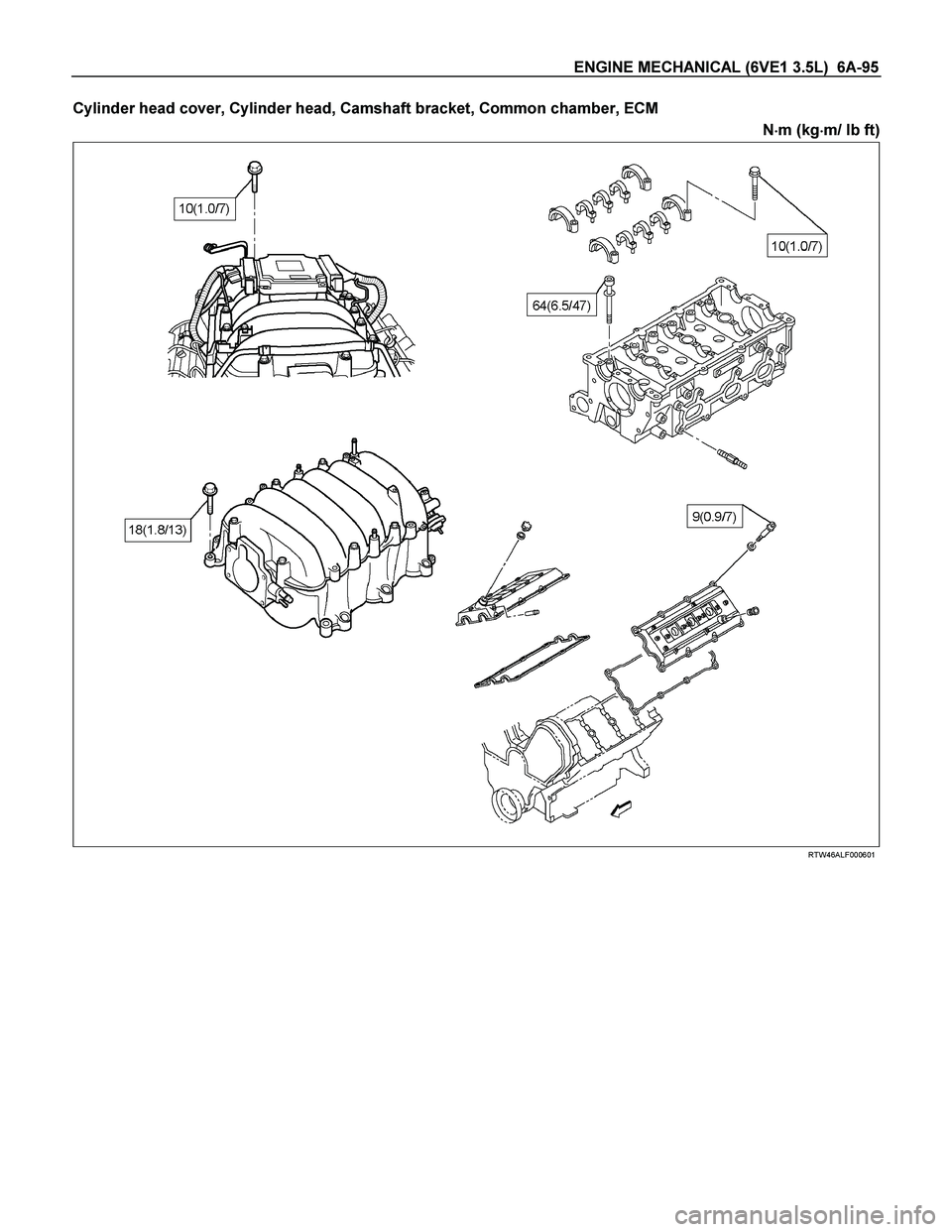ISUZU TF SERIES 2004  Workshop Manual ENGINE MECHANICAL (6VE1 3.5L)  6A-95 
Cylinder head cover, Cylinder head, Camshaft bracket, Common chamber, ECM 
N
 m (kg
 m/ lb ft) 
 
 
 
 
 
RTW46ALF000601 
 
  
