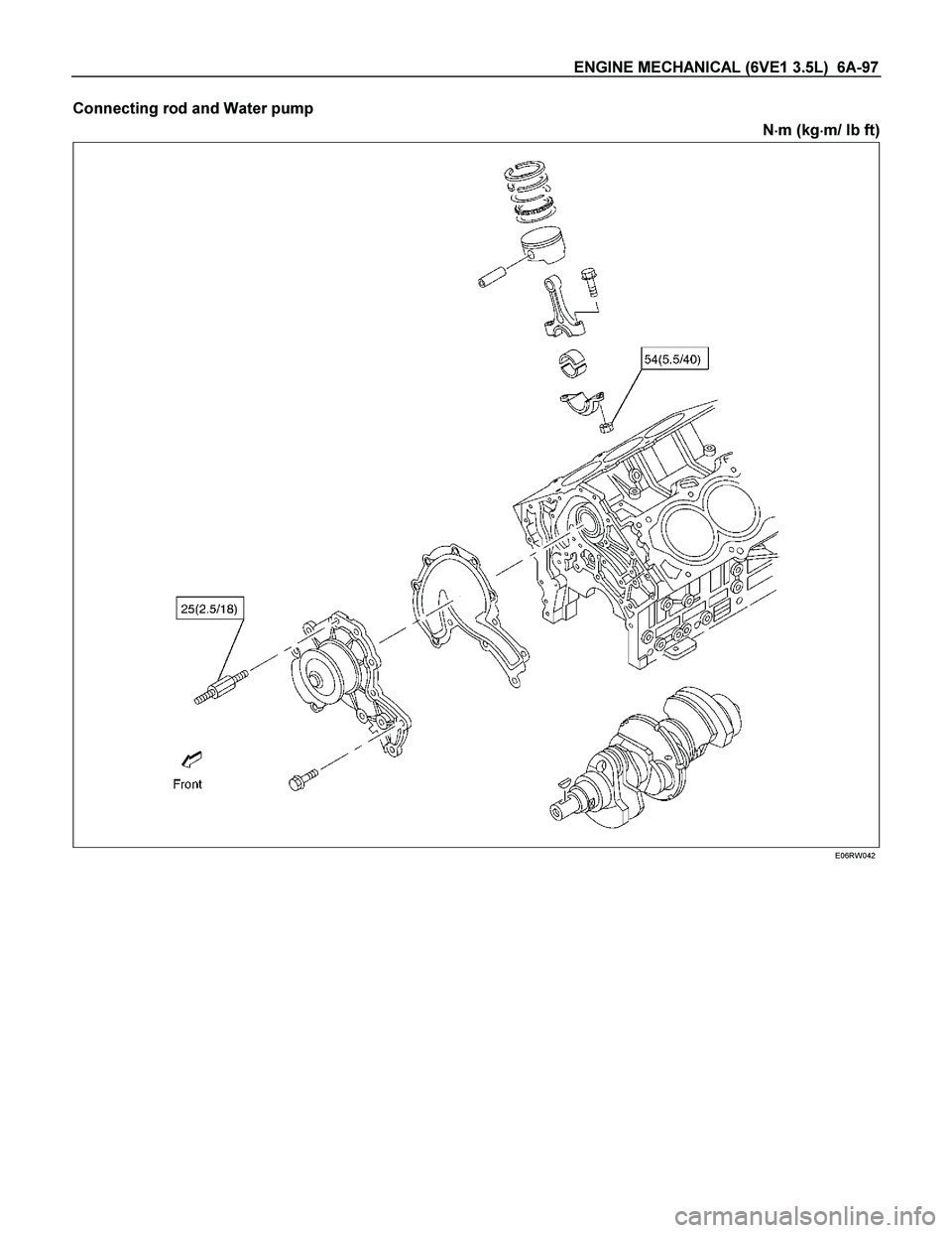 ISUZU TF SERIES 2004  Workshop Manual ENGINE MECHANICAL (6VE1 3.5L)  6A-97 
Connecting rod and Water pump 
N
 m (kg
 m/ lb ft) 
 
 
 
 
E06RW042 
  