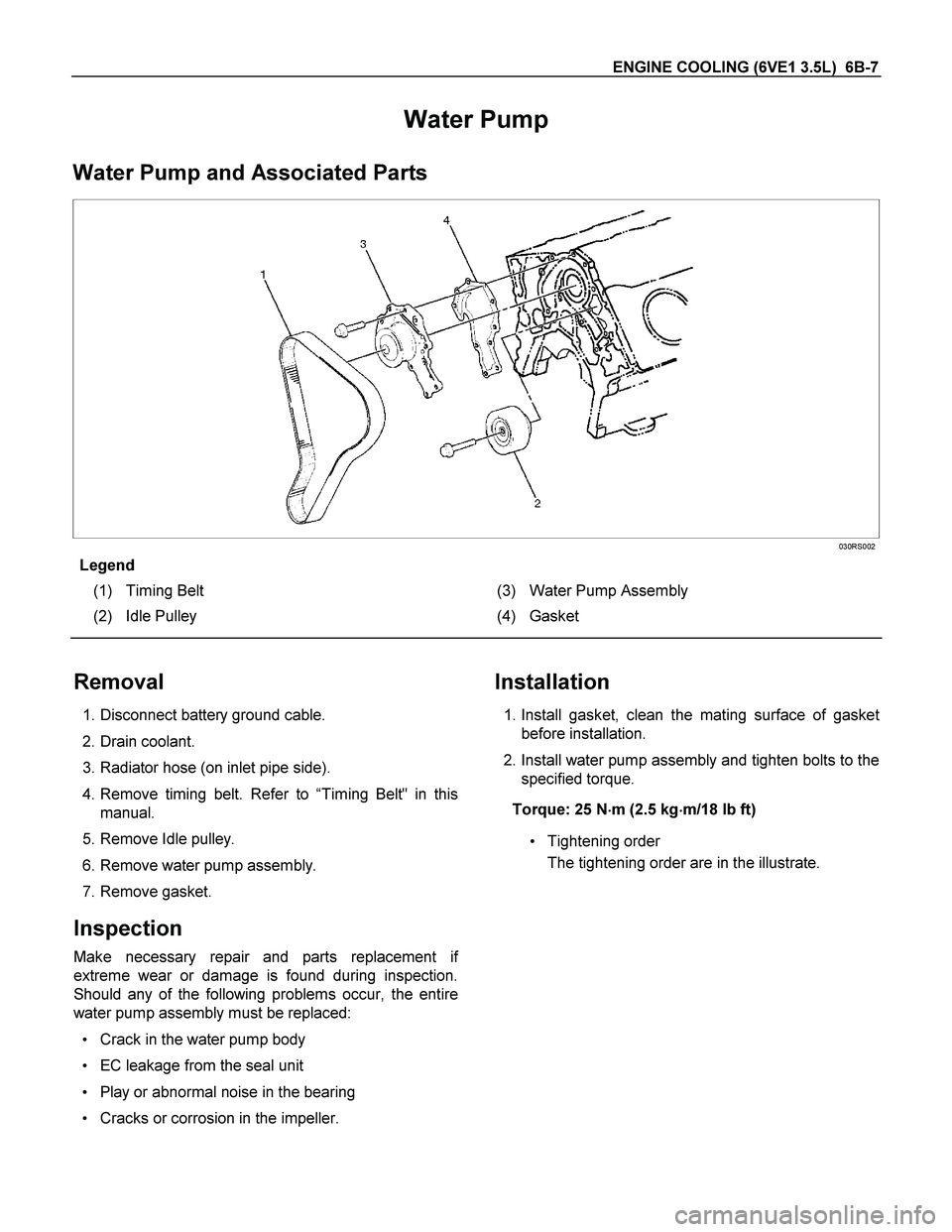 ISUZU TF SERIES 2004 Workshop Manual ENGINE COOLING (6VE1 3.5L) 6B-7
Water Pump
Water Pump and Associated Parts
030RS002
Legend
(1) Timing Belt (3) Water Pump Assembly
(2) Idle Pulley (4) Gasket
Removal
1. Disco ISUZU TF SERIES 2004 Workshop Manual ENGINE COOLING (6VE1 3.5L) 6B-7
Water Pump
Water Pump and Associated Parts
030RS002
Legend
(1) Timing Belt (3) Water Pump Assembly
(2) Idle Pulley (4) Gasket
Removal
1. Disco