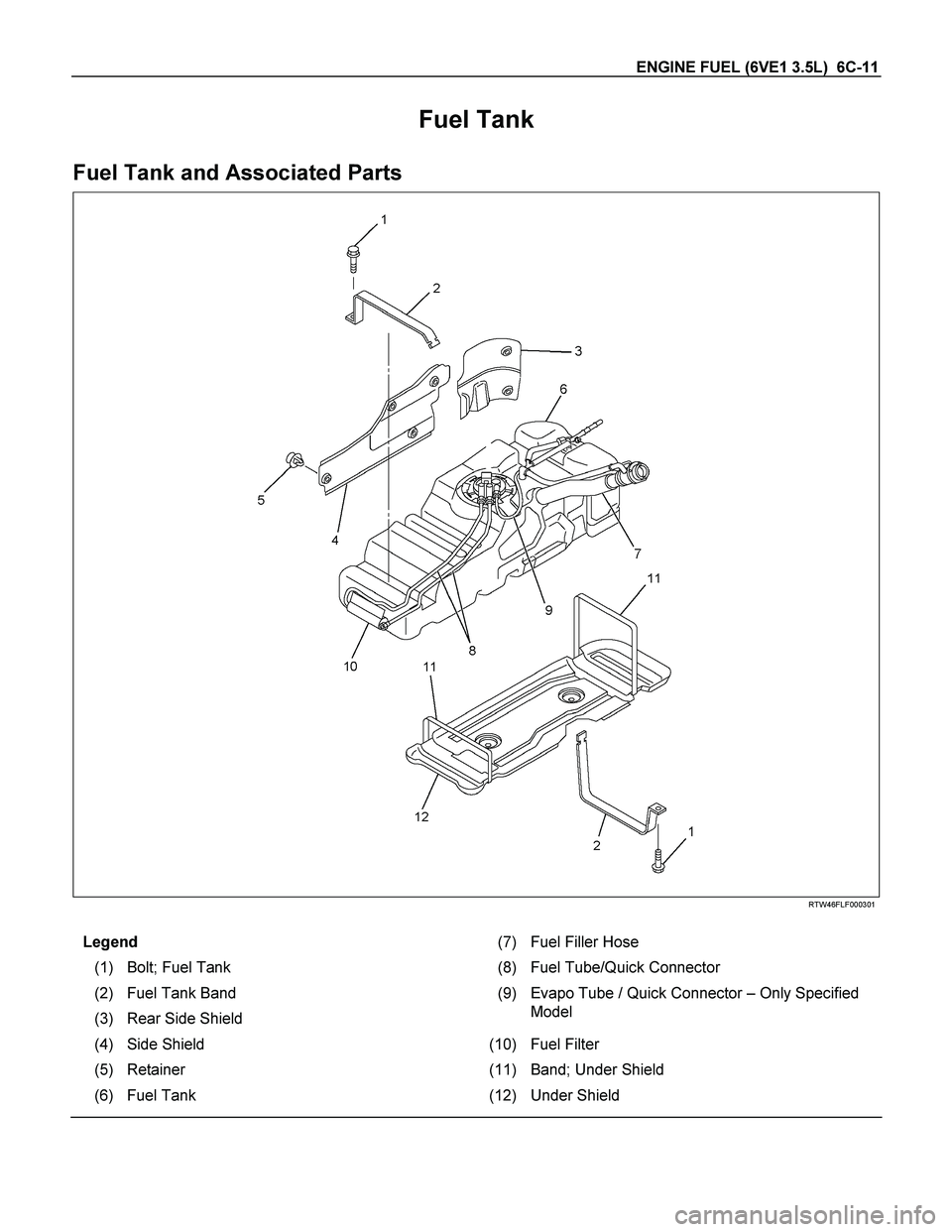 ISUZU TF SERIES 2004  Workshop Manual ENGINE FUEL (6VE1 3.5L)  6C-11 
Fuel Tank 
Fuel Tank and Associated Parts 
  
 
 
 
RTW46FLF000301 
 
Legend (7) Fuel Filler Hose 
(1)  Bolt; Fuel Tank  (8)Fuel Tube/Quick Connector 
(2)  Fuel Tank Ba
