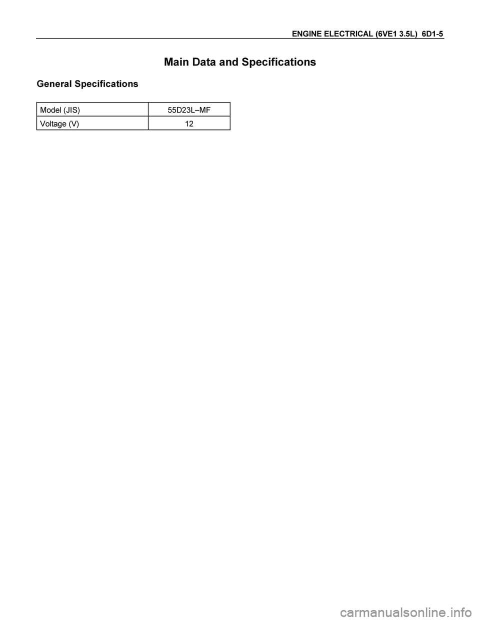 ISUZU TF SERIES 2004  Workshop Manual ENGINE ELECTRICAL (6VE1 3.5L)  6D1-5 
Main Data and Specifications 
General Specifications 
 
Model (JIS)  55D23L–MF 
Voltage (V)  12 
  