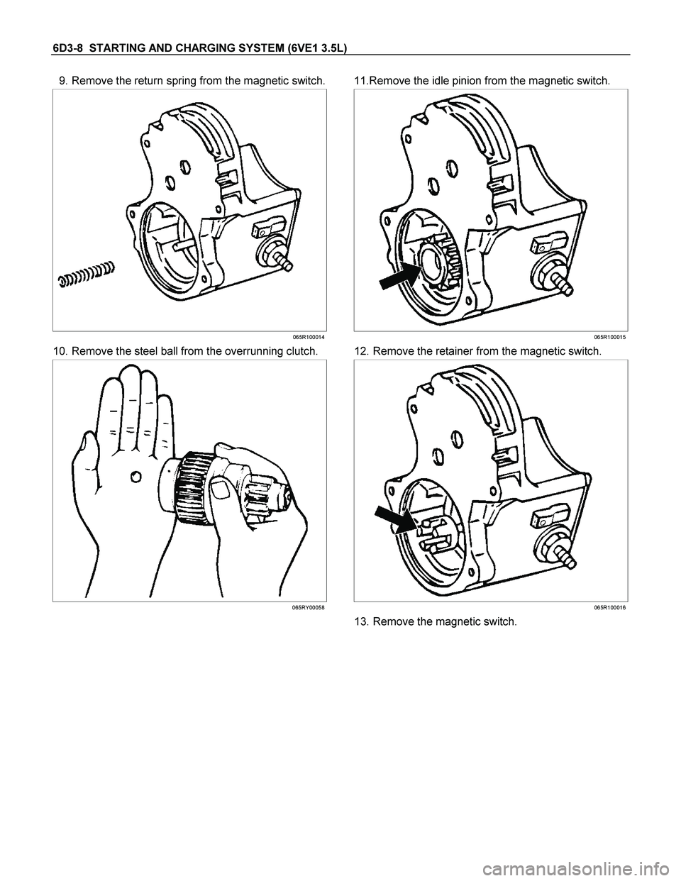 ISUZU TF SERIES 2004  Workshop Manual 6D3-8  STARTING AND CHARGING SYSTEM (6VE1 3.5L) 
 9. Remove the return spring from the magnetic switch.
 
 
 
065R100014
 10. Remove the steel ball from the overrunning clutch.
  
 
 
065RY00058
  
11