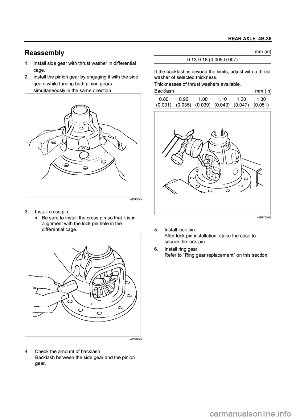 ISUZU TF SERIES 2004  Workshop Manual REAR AXLE  4B-35
 
Reassembly 
1.  Install side gear with thrust washer in differential 
cage. 
2.  Install the pinion gear by engaging it with the side 
gears while turning both pinion gears 
simulta