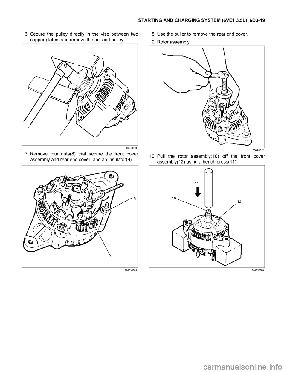 ISUZU TF SERIES 2004  Workshop Manual STARTING AND CHARGING SYSTEM (6VE1 3.5L)  6D3-19 
 6. Secure the pulley directly in the vise between two
copper plates, and remove the nut and pulley. 
 
 
 
 
066RS010
 7. Remove four nuts(8) that se