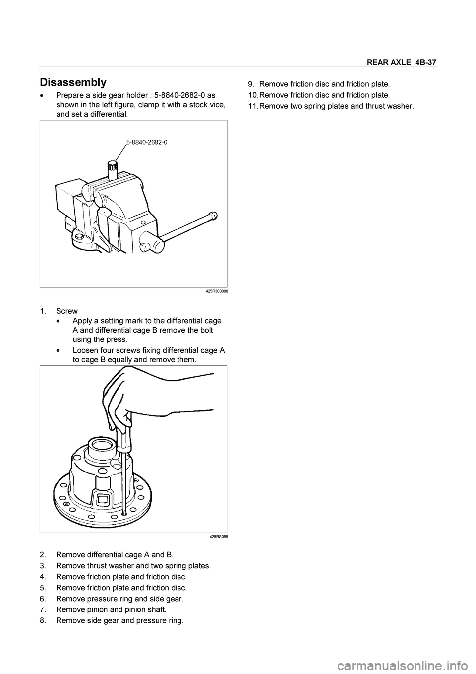 ISUZU TF SERIES 2004  Workshop Manual REAR AXLE  4B-37
 
Disassembly 
  Prepare a side gear holder : 5-8840-2682-0 as 
shown in the left figure, clamp it with a stock vice, 
and set a differential. 
425R300008
 
1. Screw 
 
   Apply a s