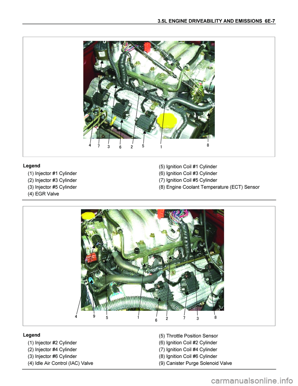 ISUZU TF SERIES 2004  Workshop Manual 3.5L ENGINE DRIVEABILITY AND EMISSIONS  6E-7 
 
 
 
 



 
 
 
Legend 
 (1) Injector #1 Cylinder 
 (2) Injector #3 Cylinder 
 (3) Injector #5 Cylinder 
 (4) EGR Valve  
 (5) Ignition Coil #1 C