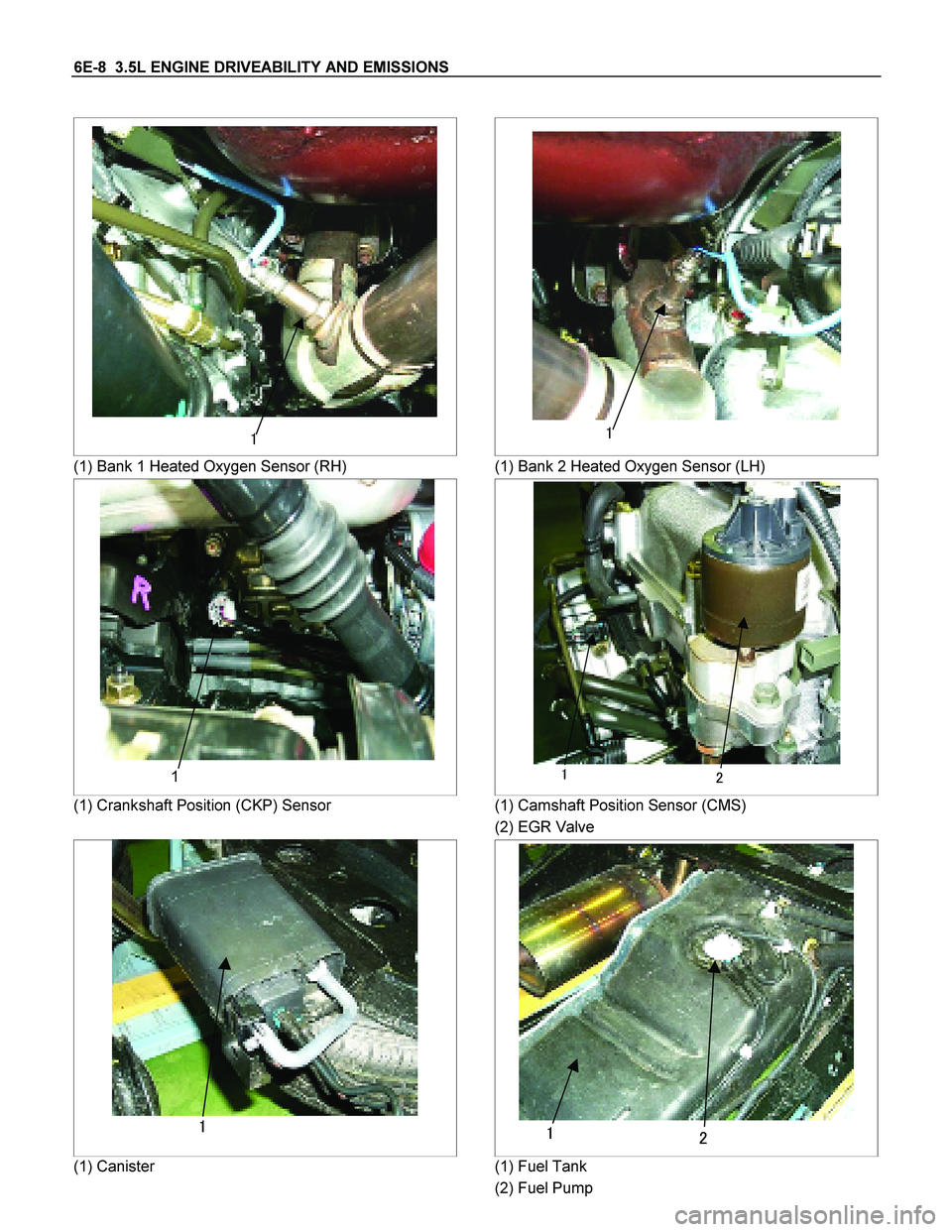 ISUZU TF SERIES 2004  Workshop Manual 6E-8  3.5L ENGINE DRIVEABILITY AND EMISSIONS 
 
  
 

(1) Bank 1 Heated Oxygen Sensor (RH)   
 
 
(1) Bank 2 Heated Oxygen Sensor (LH) 
 
 
 
 
 
1 
(1) Crankshaft Position (CKP) Sensor   
 
 
(1)