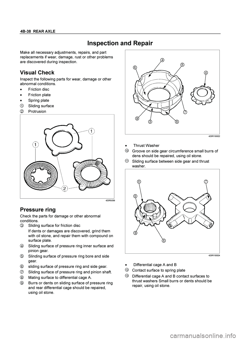 ISUZU TF SERIES 2004  Workshop Manual 4B-38  REAR AXLE
 
Inspection and Repair 
Make all necessary adjustments, repairs, and part 
replacements if wear, damage, rust or other problems 
are discovered during inspection. 
 
Visual Check 
In