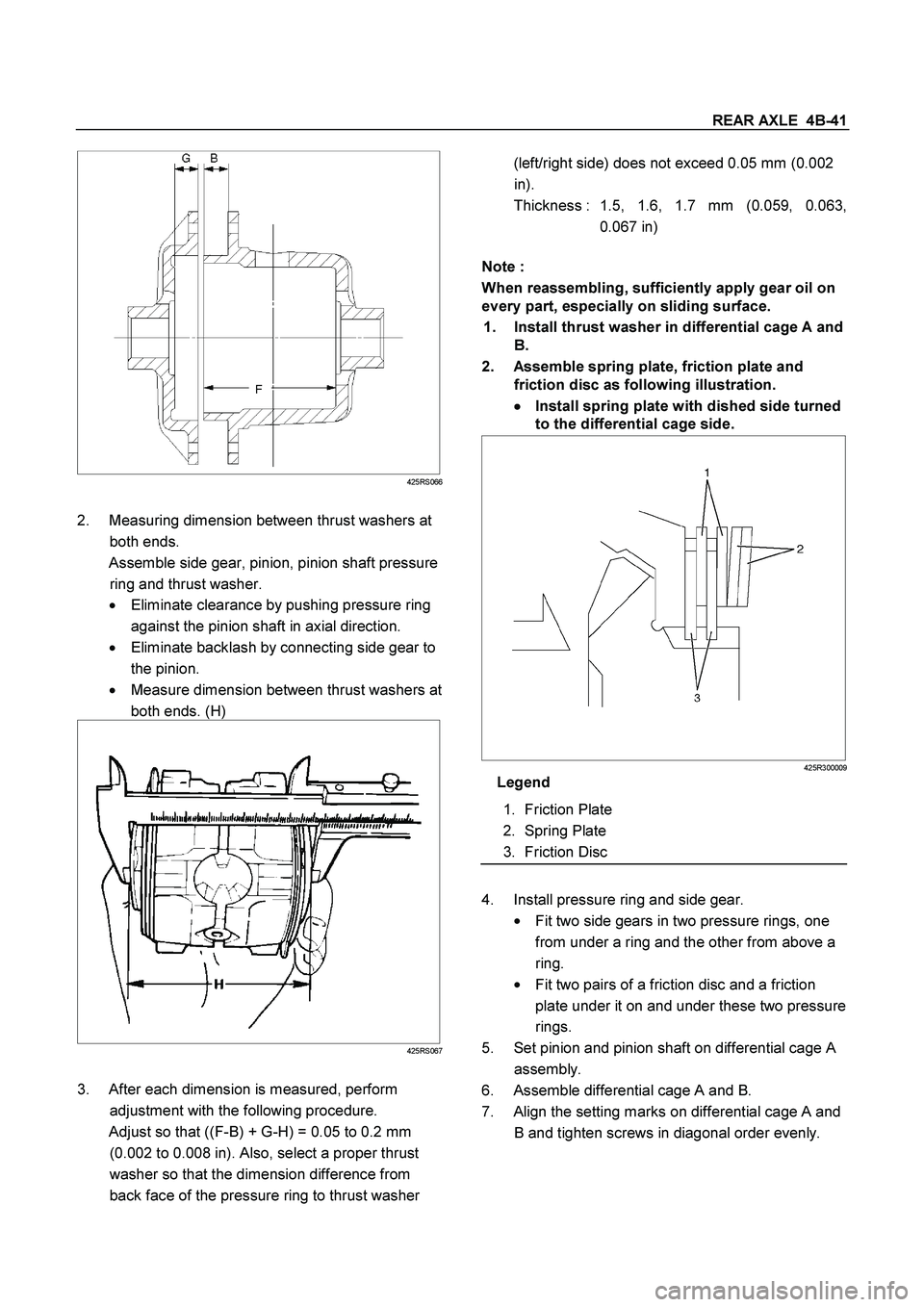 ISUZU TF SERIES 2004  Workshop Manual REAR AXLE  4B-41
 
 
 
425RS066
 
2.  Measuring dimension between thrust washers at 
both ends. 
  Assemble side gear, pinion, pinion shaft pressure 
ring and thrust washer. 
   Eliminate clearance b