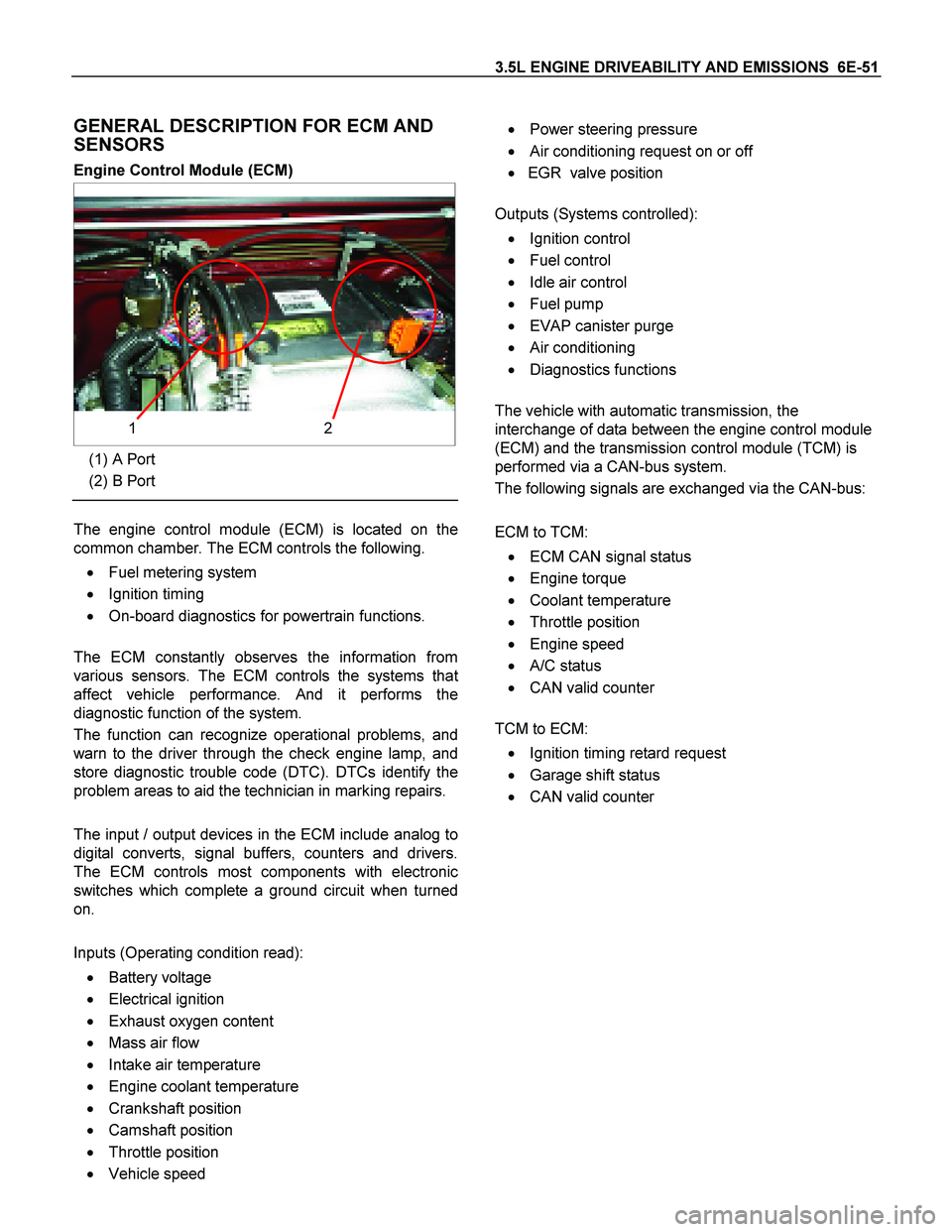 ISUZU TF SERIES 2004 Workshop Manual 3.5L ENGINE DRIVEABILITY AND EMISSIONS 6E-51
GENERAL DESCRIPTION FOR ECM AND
SENSORS
Engine Control Module (ECM)
1 2
(1) A Port
(2) B Port
The engine control module (ECM) is loca ISUZU TF SERIES 2004 Workshop Manual 3.5L ENGINE DRIVEABILITY AND EMISSIONS 6E-51
GENERAL DESCRIPTION FOR ECM AND
SENSORS
Engine Control Module (ECM)
1 2
(1) A Port
(2) B Port
The engine control module (ECM) is loca