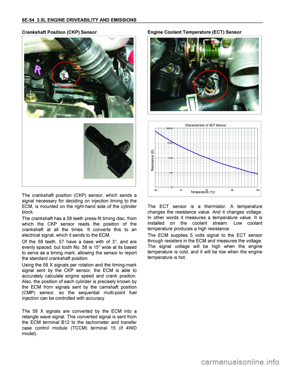 ISUZU TF SERIES 2004 Workshop Manual 6E-54 3.5L ENGINE DRIVEABILITY AND EMISSIONS
Crankshaft Position (CKP) Sensor
The crankshaft position (CKP) sensor, which sends a
signal necessary for deciding on injection timing to the ISUZU TF SERIES 2004 Workshop Manual 6E-54 3.5L ENGINE DRIVEABILITY AND EMISSIONS
Crankshaft Position (CKP) Sensor
The crankshaft position (CKP) sensor, which sends a
signal necessary for deciding on injection timing to the