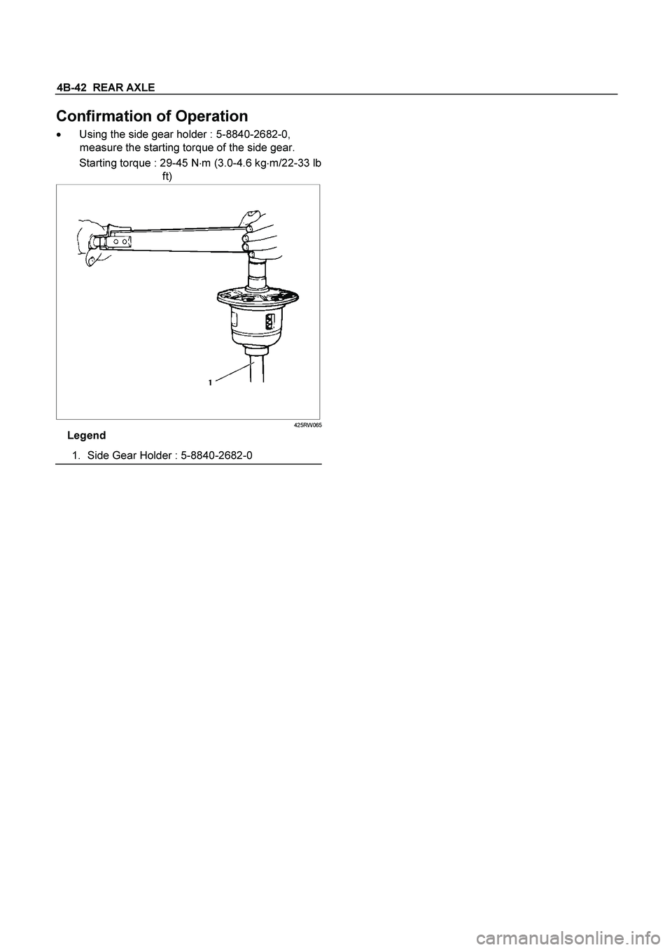 ISUZU TF SERIES 2004  Workshop Manual 4B-42  REAR AXLE
 
Confirmation of Operation 
  Using the side gear holder : 5-8840-2682-0, 
measure the starting torque of the side gear. 
  Starting torque : 29-45 Nm (3.0-4.6 kgm/22-33 lb 
ft) 
