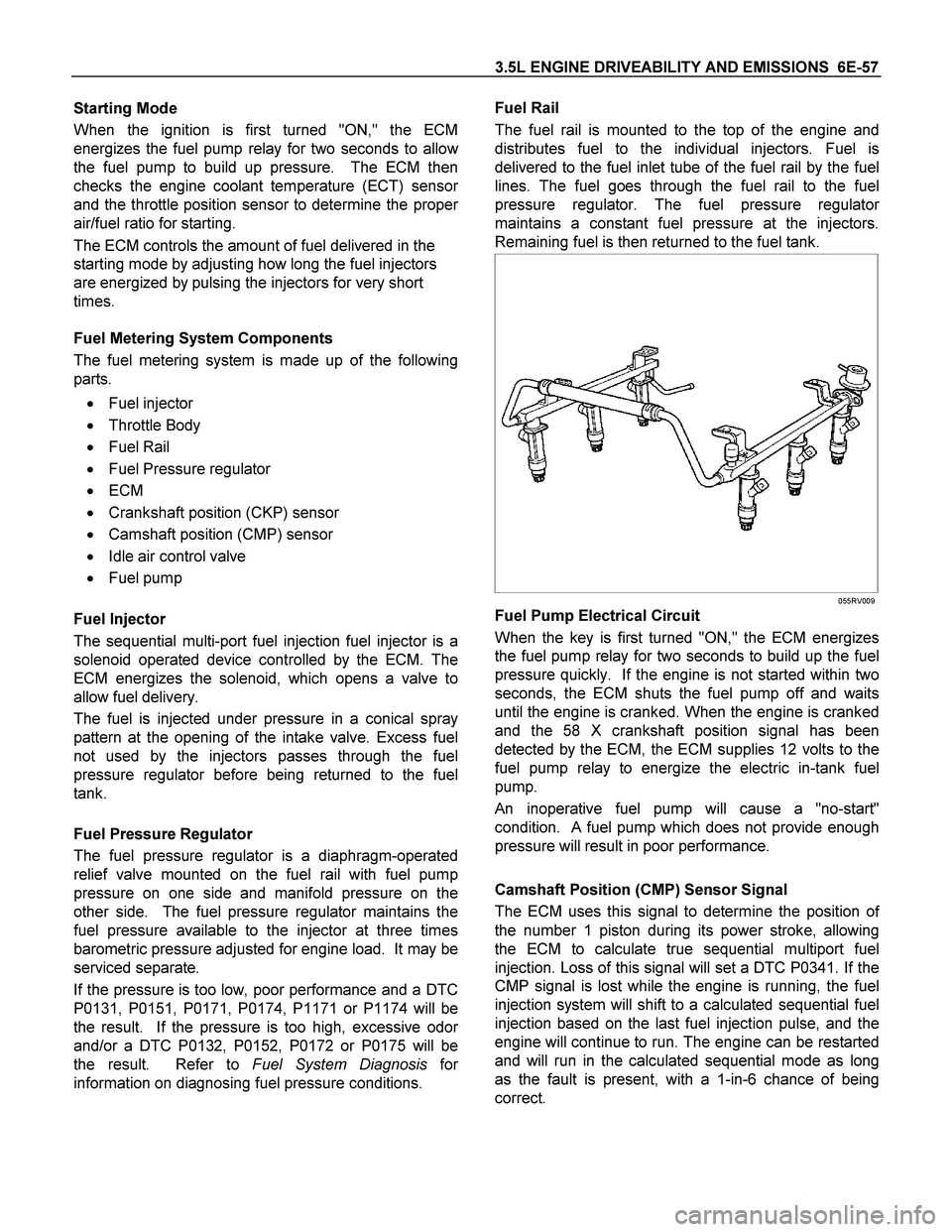 ISUZU TF SERIES 2004 Workshop Manual 3.5L ENGINE DRIVEABILITY AND EMISSIONS 6E-57
Starting Mode
When the ignition is first turned "ON," the ECM
energizes the fuel pump relay for two seconds to allo
w
the fuel pump to build up pressure ISUZU TF SERIES 2004 Workshop Manual 3.5L ENGINE DRIVEABILITY AND EMISSIONS 6E-57
Starting Mode
When the ignition is first turned "ON," the ECM
energizes the fuel pump relay for two seconds to allo
w
the fuel pump to build up pressure