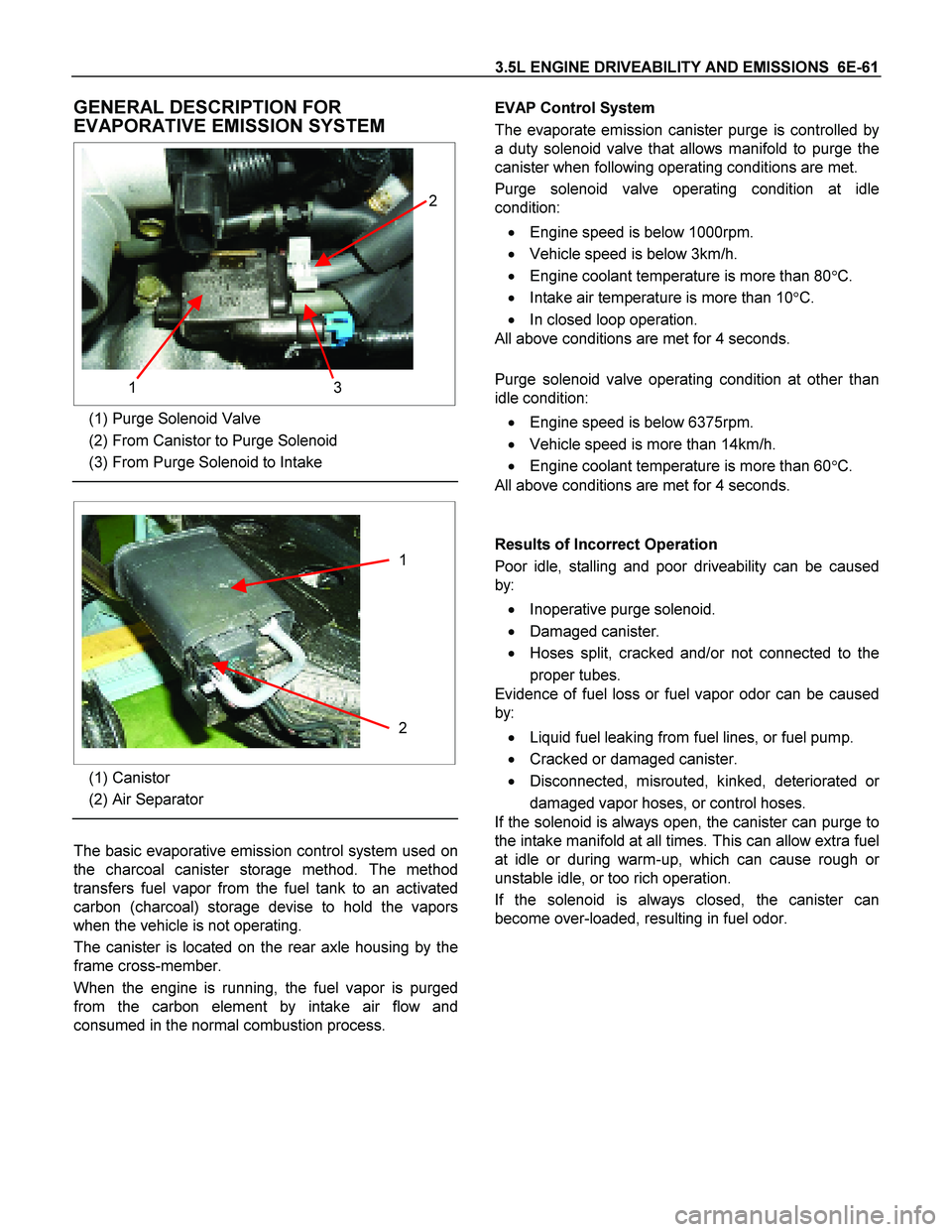 ISUZU TF SERIES 2004 Workshop Manual 3.5L ENGINE DRIVEABILITY AND EMISSIONS 6E-61
GENERAL DESCRIPTION FOR
EVAPORATIVE EMISSION SYSTEM
3 1 2
(1) Purge Solenoid Valve
(2) From Canistor to Purge Solenoid
(3) From Purge S ISUZU TF SERIES 2004 Workshop Manual 3.5L ENGINE DRIVEABILITY AND EMISSIONS 6E-61
GENERAL DESCRIPTION FOR
EVAPORATIVE EMISSION SYSTEM
3 1 2
(1) Purge Solenoid Valve
(2) From Canistor to Purge Solenoid
(3) From Purge S