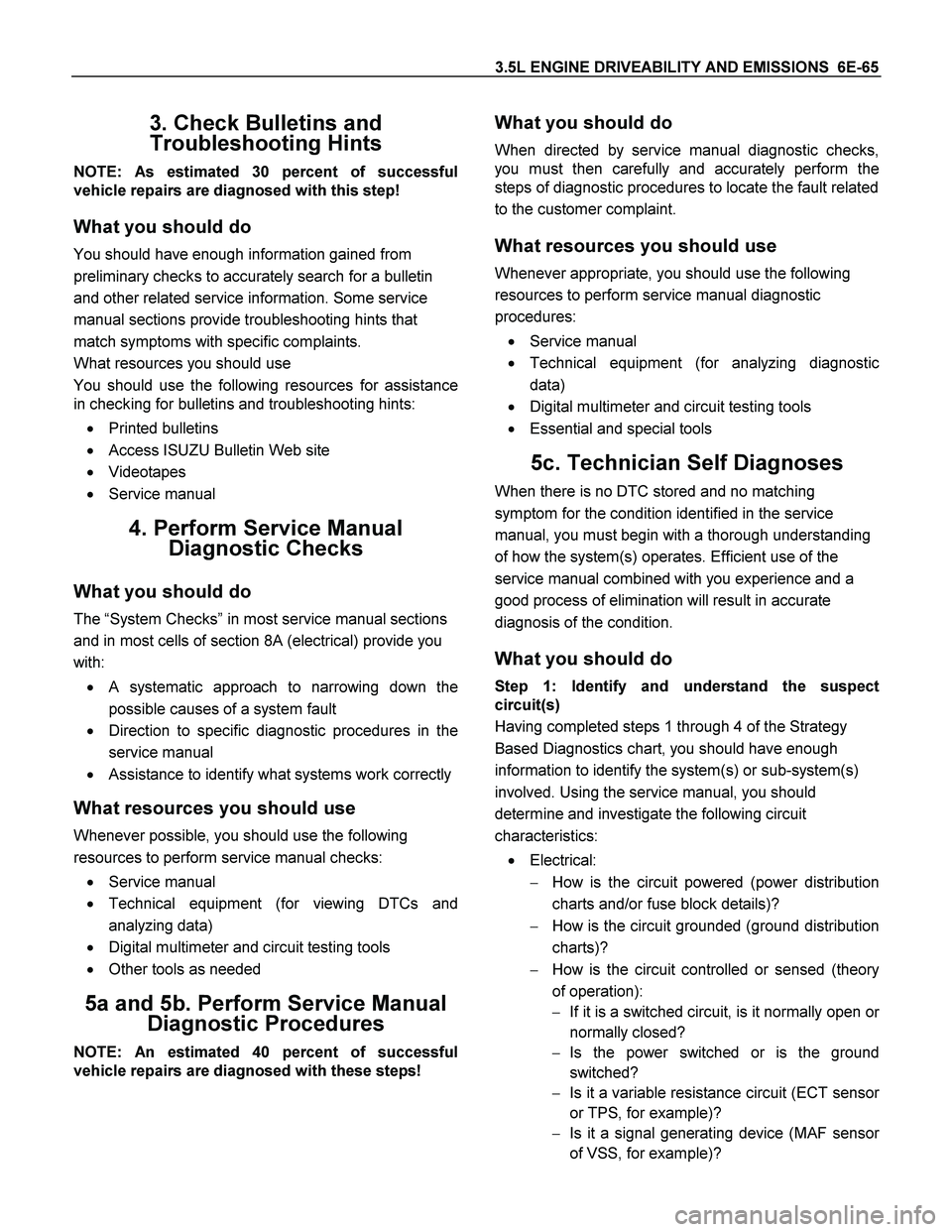 ISUZU TF SERIES 2004 Workshop Manual 3.5L ENGINE DRIVEABILITY AND EMISSIONS 6E-65
3. Check Bulletins and
Troubleshooting Hints
NOTE: As estimated 30 percent of successful
vehicle repairs are diagnosed with this step!
What you should ISUZU TF SERIES 2004 Workshop Manual 3.5L ENGINE DRIVEABILITY AND EMISSIONS 6E-65
3. Check Bulletins and
Troubleshooting Hints
NOTE: As estimated 30 percent of successful
vehicle repairs are diagnosed with this step!
What you should