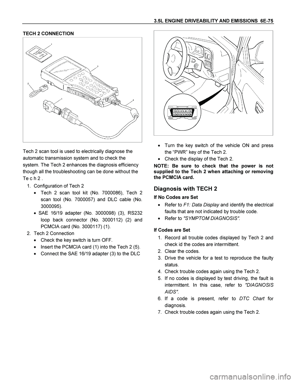 ISUZU TF SERIES 2004 Workshop Manual 3.5L ENGINE DRIVEABILITY AND EMISSIONS 6E-75
TECH 2 CONNECTION
Tech 2 scan tool is used to electrically diagnose the
automatic transmission system and to check the
system. The Tech 2 enhanc ISUZU TF SERIES 2004 Workshop Manual 3.5L ENGINE DRIVEABILITY AND EMISSIONS 6E-75
TECH 2 CONNECTION
Tech 2 scan tool is used to electrically diagnose the
automatic transmission system and to check the
system. The Tech 2 enhanc