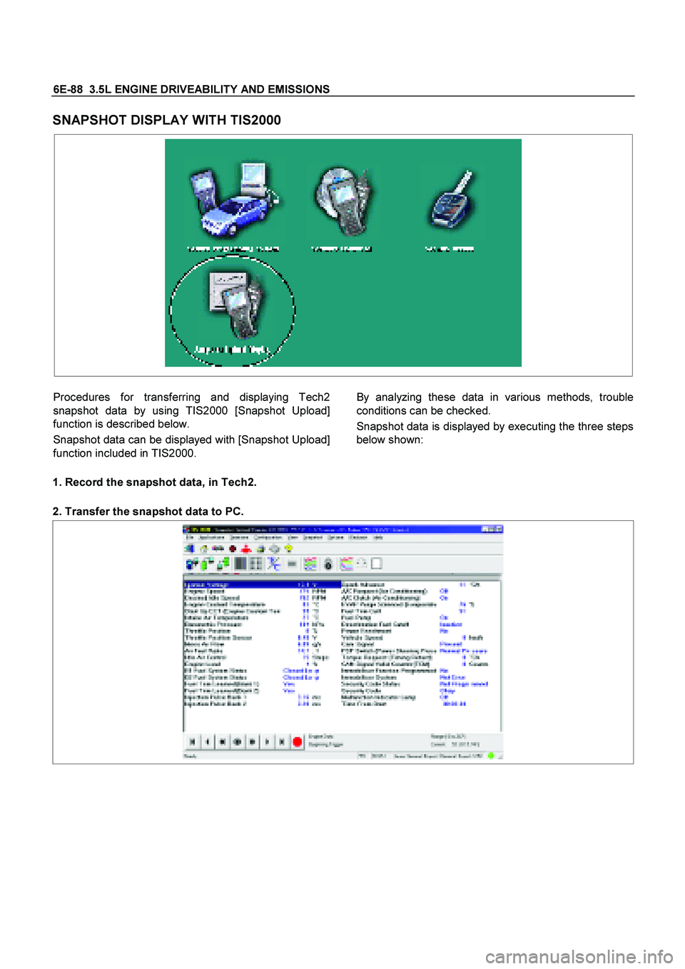 ISUZU TF SERIES 2004  Workshop Manual 6E-88  3.5L ENGINE DRIVEABILITY AND EMISSIONS  
SNAPSHOT DISPLAY WITH TIS2000 
 
   
  
Procedures for transferring and displaying Tech2 
snapshot data by using TIS2000 [Snapshot Upload]
function is d