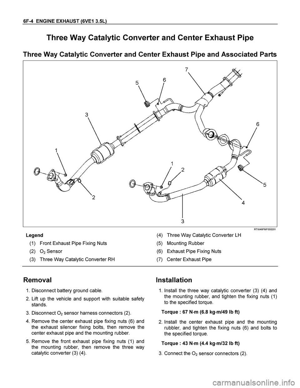 ISUZU TF SERIES 2004 Workshop Manual 6F-4 ENGINE EXHAUST (6VE1 3.5L)
Three Way Catalytic Converter and Center Exhaust Pipe
Three Way Catalytic Converter and Center Exhaust Pipe and Associated Parts
RTW46FMF000201
Legend (4) T ISUZU TF SERIES 2004 Workshop Manual 6F-4 ENGINE EXHAUST (6VE1 3.5L)
Three Way Catalytic Converter and Center Exhaust Pipe
Three Way Catalytic Converter and Center Exhaust Pipe and Associated Parts
RTW46FMF000201
Legend (4) T