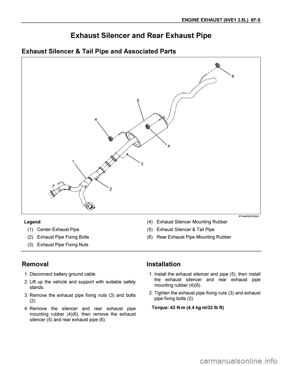 ISUZU TF SERIES 2004  Workshop Manual ENGINE EXHAUST (6VE1 3.5L)  6F-5 
Exhaust Silencer and Rear Exhaust Pipe 
Exhaust Silencer & Tail Pipe and Associated Parts 
  
 
 
RTW46FMF000301 
Legend (4) Exhaust Silencer Mounting Rubber 
(1)  Ce