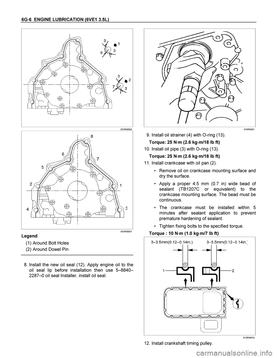 ISUZU TF SERIES 2004  Workshop Manual 6G-6  ENGINE LUBRICATION (6VE1 3.5L) 
  
 
051RW002
  
 
 
 
 
051RW001
Legend 
 (1) Around Bolt Holes 
 (2) Around Dowel Pin 
 
 
 8. Install the new oil seal (12). Apply engine oil to the
oil seal l