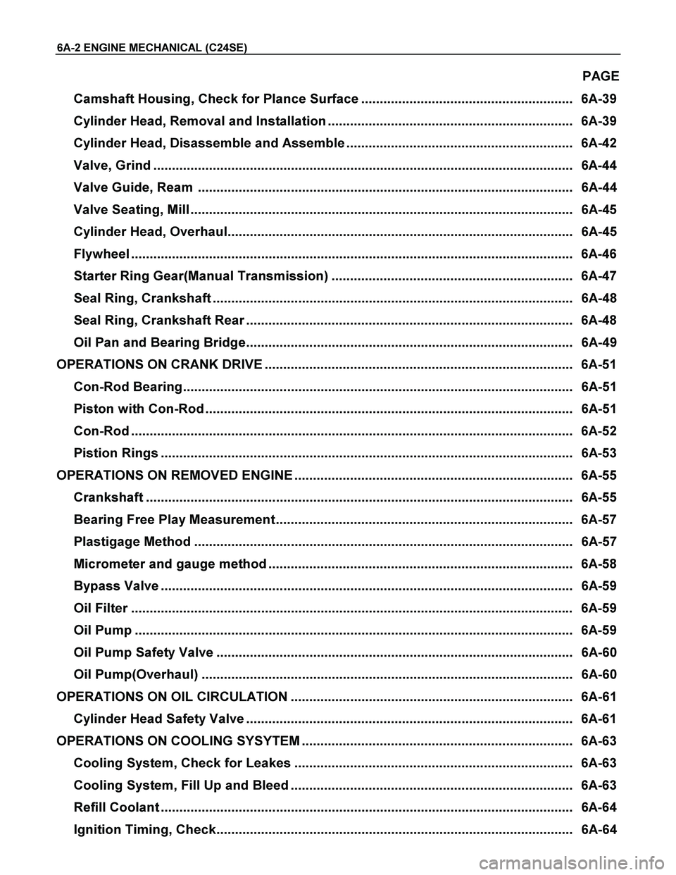 ISUZU TF SERIES 2004 Workshop Manual 6A-2 ENGINE MECHANICAL (C24SE)
PAGE
Camshaft Housing, Check for Plance Surface ......................................................... 6A-39
Cylinder Head, Removal and Installation ............. ISUZU TF SERIES 2004 Workshop Manual 6A-2 ENGINE MECHANICAL (C24SE)
PAGE
Camshaft Housing, Check for Plance Surface ......................................................... 6A-39
Cylinder Head, Removal and Installation .............