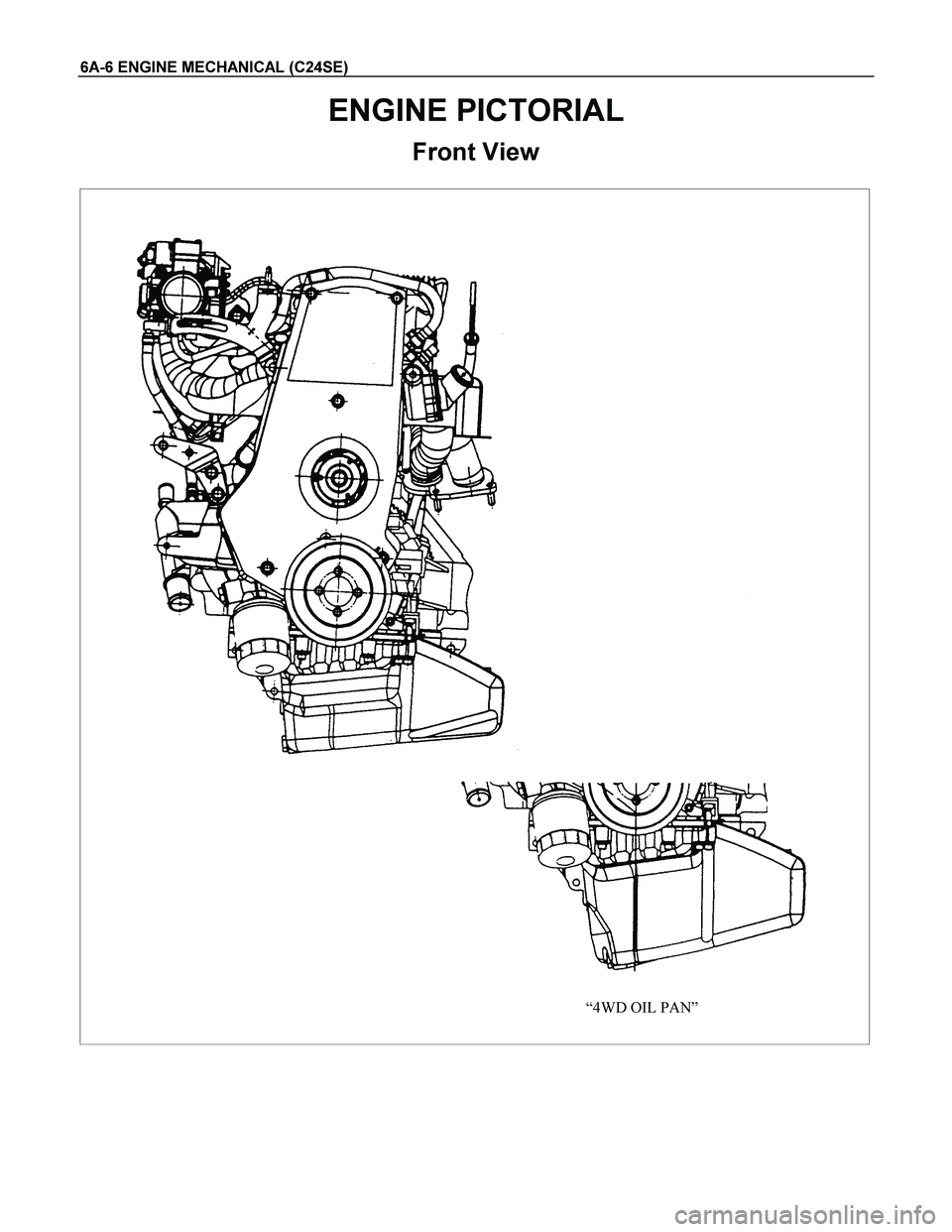 ISUZU TF SERIES 2004  Workshop Manual 6A-6 ENGINE MECHANICAL (C24SE) 
ENGINE PICTORIAL 
Front View 
“4WD OIL PAN”
  
