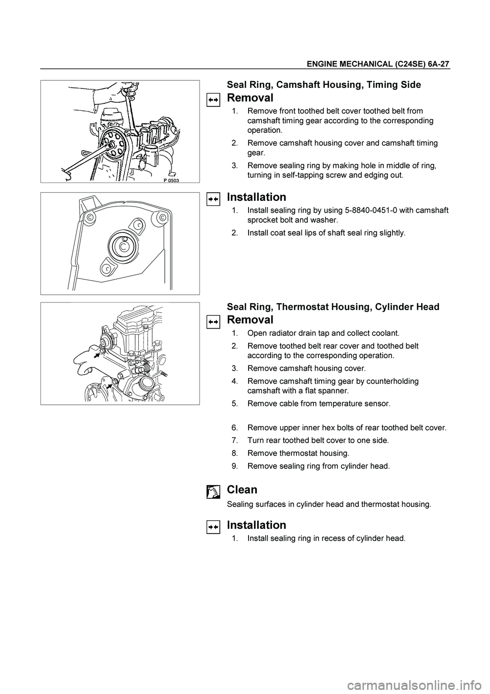 ISUZU TF SERIES 2004  Workshop Manual ENGINE MECHANICAL (C24SE) 6A-27 
  
 
 
Seal Ring, Camshaft Housing, Timing Side 
Removal 
  1.  Remove front toothed belt cover toothed belt from 
camshaft timing gear according to the corresponding 