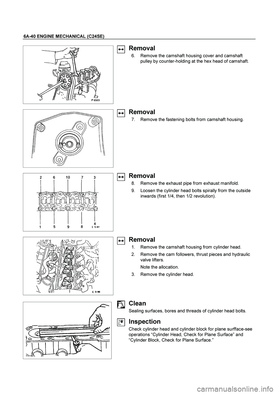 ISUZU TF SERIES 2004  Workshop Manual 6A-40 ENGINE MECHANICAL (C24SE) 
 
  
 
 
Removal 
  6.  Remove the camshaft housing cover and camshaft 
pulley by counter-holding at the hex head of camshaft. 
 
 
   
 
Removal 
  7.  Remove the fas