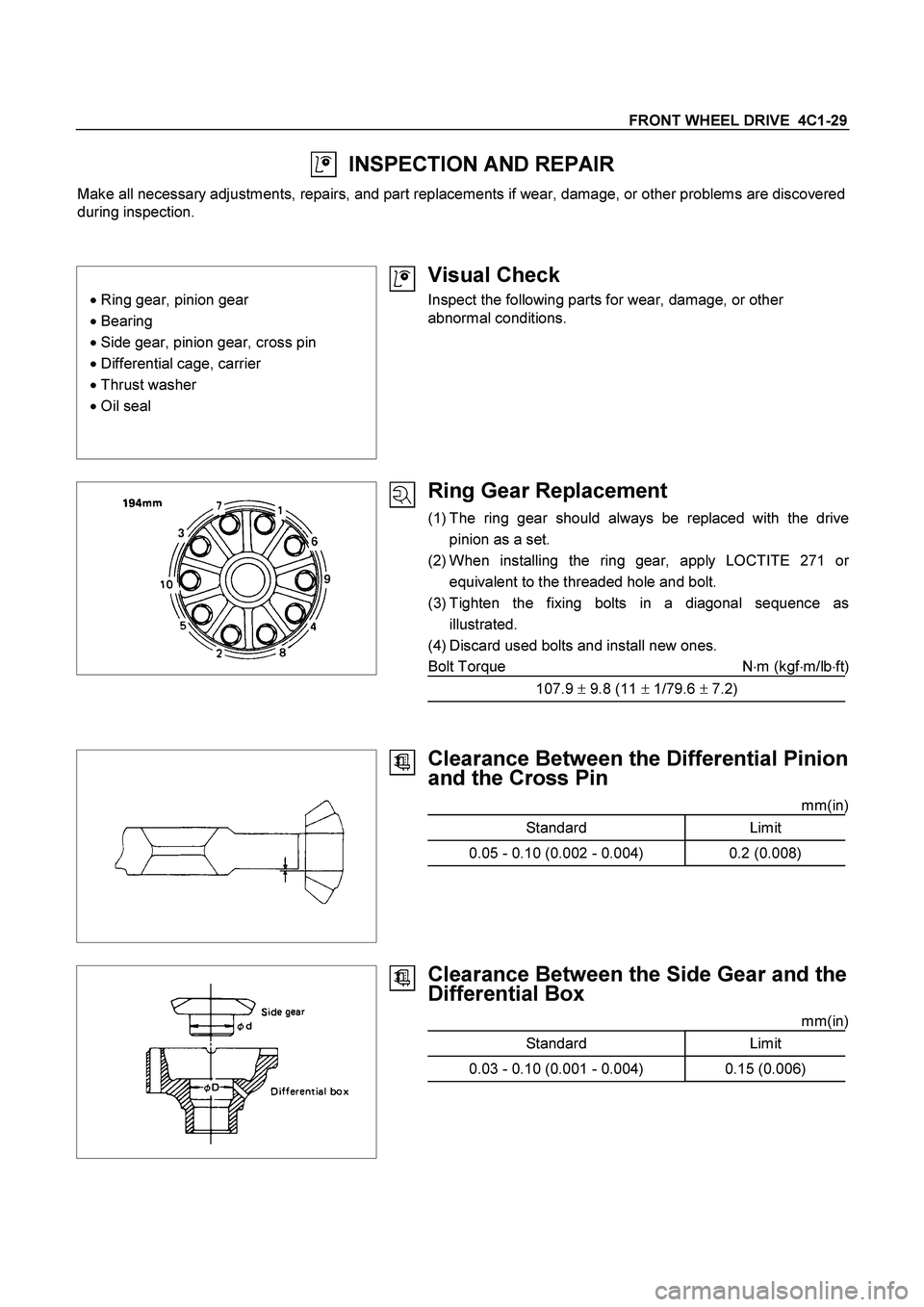 ISUZU TF SERIES 2004 Workshop Manual FRONT WHEEL DRIVE 4C1-29
INSPECTION AND REPAIR
Make all necessary adjustments, repairs, and part replacements if wear, damage, or other problems are discovered
during inspection.
Ring gea ISUZU TF SERIES 2004 Workshop Manual FRONT WHEEL DRIVE 4C1-29
INSPECTION AND REPAIR
Make all necessary adjustments, repairs, and part replacements if wear, damage, or other problems are discovered
during inspection.
Ring gea