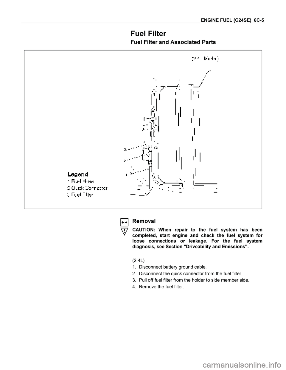 ISUZU TF SERIES 2004  Workshop Manual ENGINE FUEL (C24SE)  6C-5 
Fuel Filter 
Fuel Filter and Associated Parts 
  
 
 
 
 
 
 
Removal 
CAUTION: When repair to the fuel system has been
completed, start engine and check the fuel system fo
