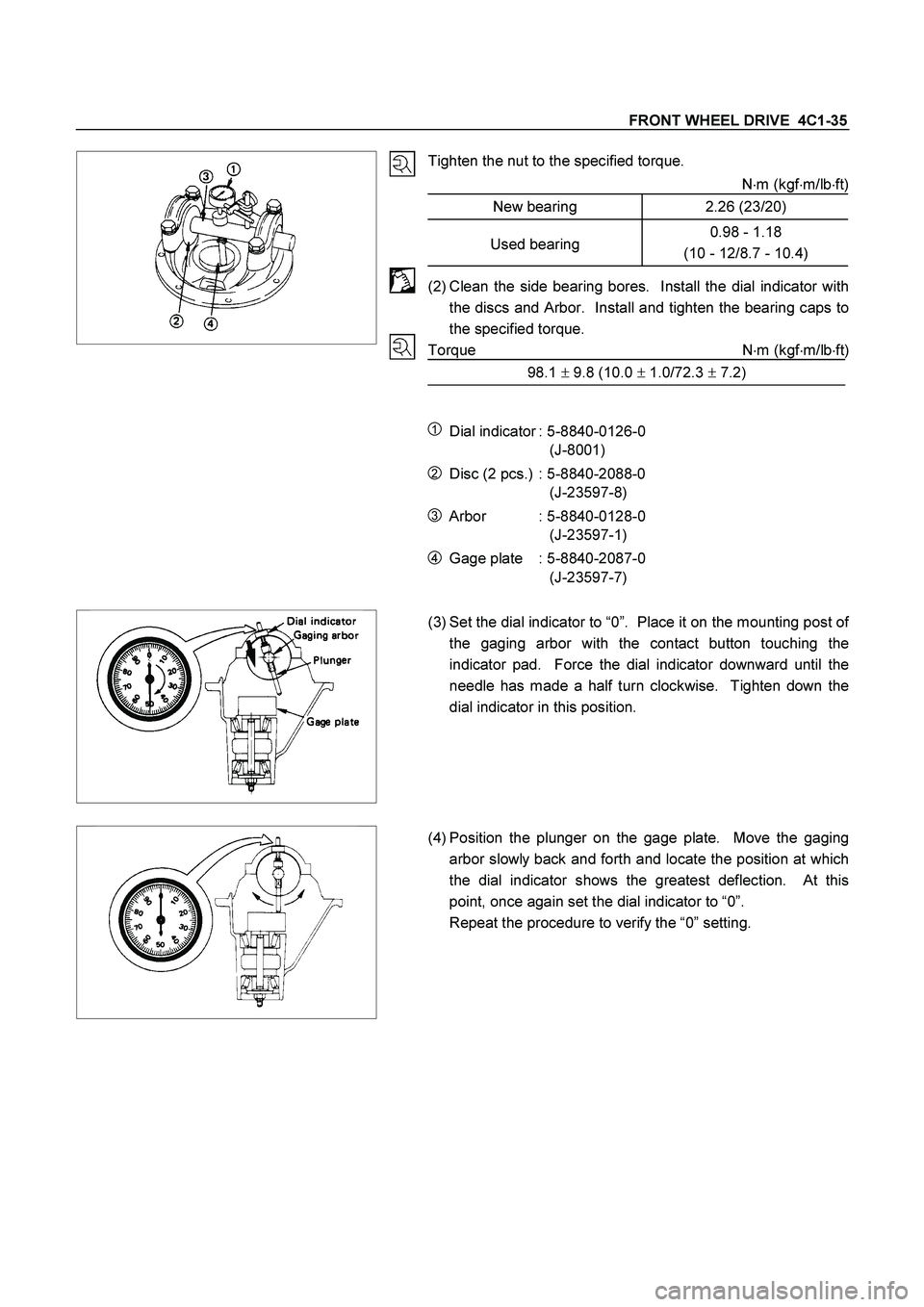 ISUZU TF SERIES 2004 Workshop Manual FRONT WHEEL DRIVE 4C1-35
Tighten the nut to the specified torque.
Nm (kgfm/lbft)
New bearing 2.26 (23/20)
Used bearing0.98 - 1.18
(10 - 12/8.7 - 10.4)
(2) Clean the side bearin ISUZU TF SERIES 2004 Workshop Manual FRONT WHEEL DRIVE 4C1-35
Tighten the nut to the specified torque.
Nm (kgfm/lbft)
New bearing 2.26 (23/20)
Used bearing0.98 - 1.18
(10 - 12/8.7 - 10.4)
(2) Clean the side bearin