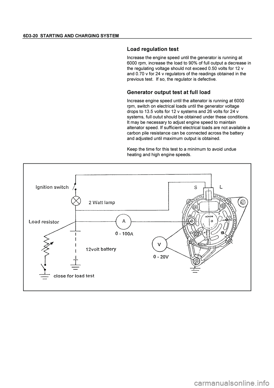 ISUZU TF SERIES 2004  Workshop Manual 6D3-20  STARTING AND CHARGING SYSTEM 
  Load regulation test 
Increase the engine speed until the generator is running at 
6000 rpm, increase the load to 90% of full output a decrease in 
the regulati