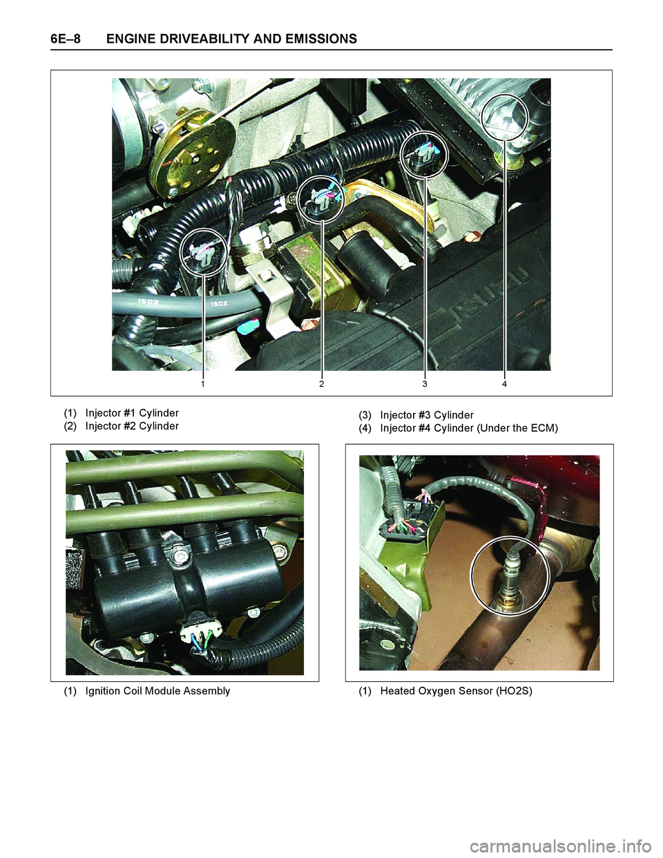 ISUZU TF SERIES 2004  Workshop Manual 6E–8 ENGINE DRIVEABILITY AND EMISSIONS
1234
(1)
(2)Injector #1 Cylinder
Injector #2 Cylinder (3)
(4)Injector #3 Cylinder
Injector #4 Cylinder (Under the ECM)
(1) Ignition Coil Module Assembly
(1) He